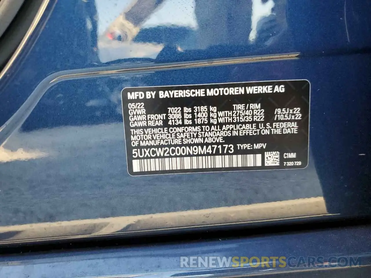 10 fotografías del automóvil dañado 5UXCW2C00N9M47173 BMW X7 2022