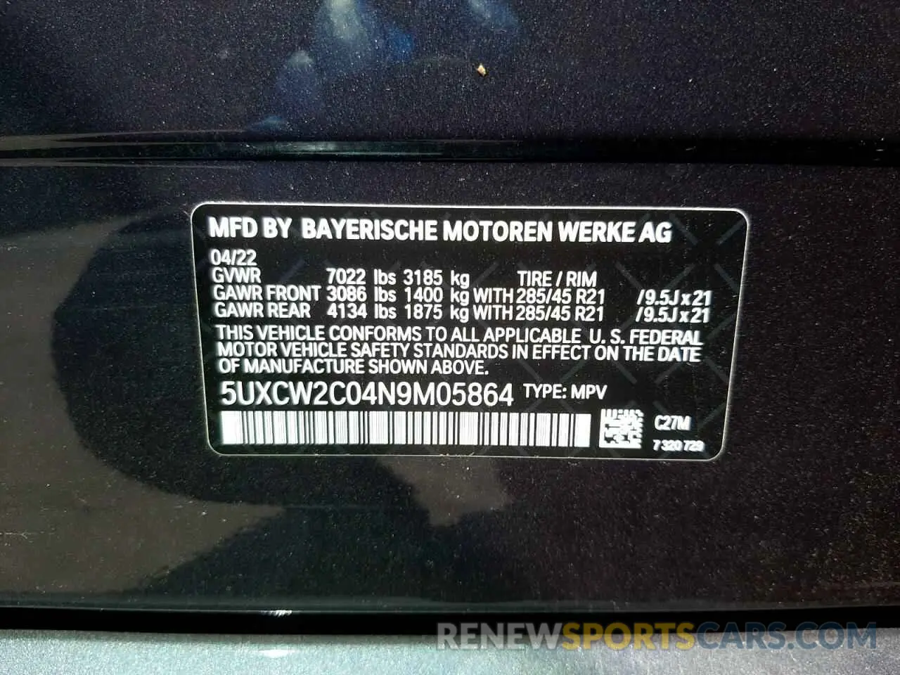 10 fotografías del automóvil dañado 5UXCW2C04N9M05864 BMW X7 2022