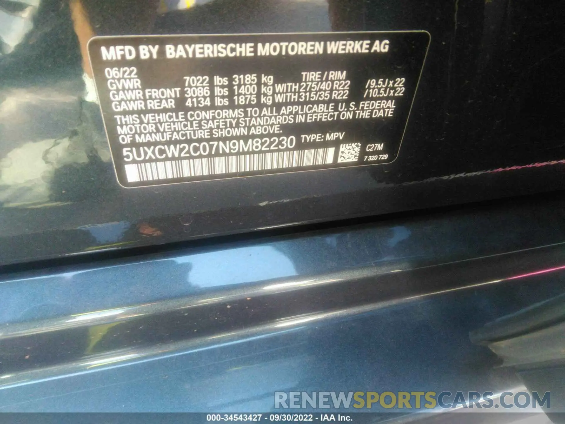 9 fotografías del automóvil dañado 5UXCW2C07N9M82230 BMW X7 2022