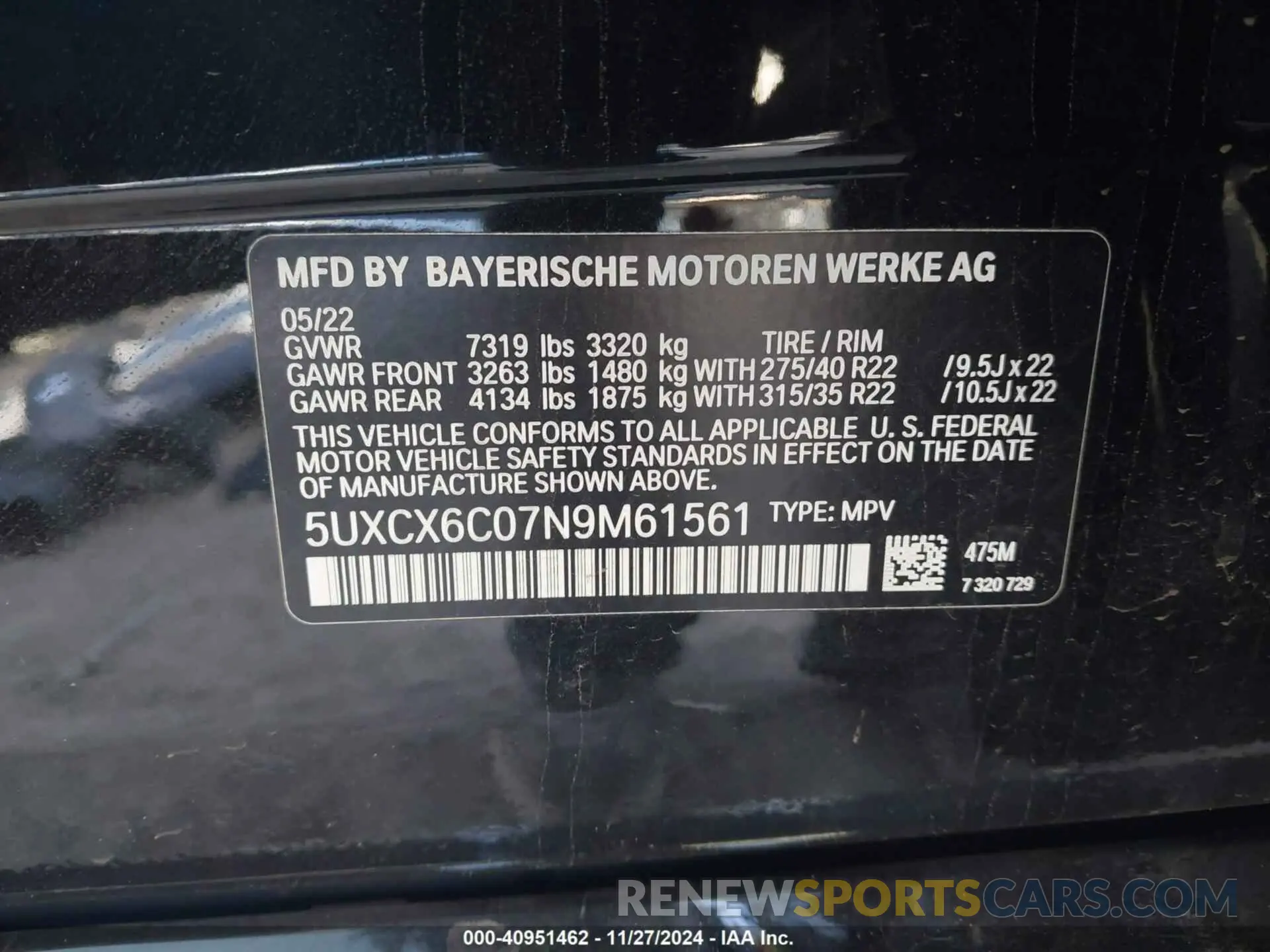9 fotografías del automóvil dañado 5UXCX6C07N9M61561 BMW X7 2022