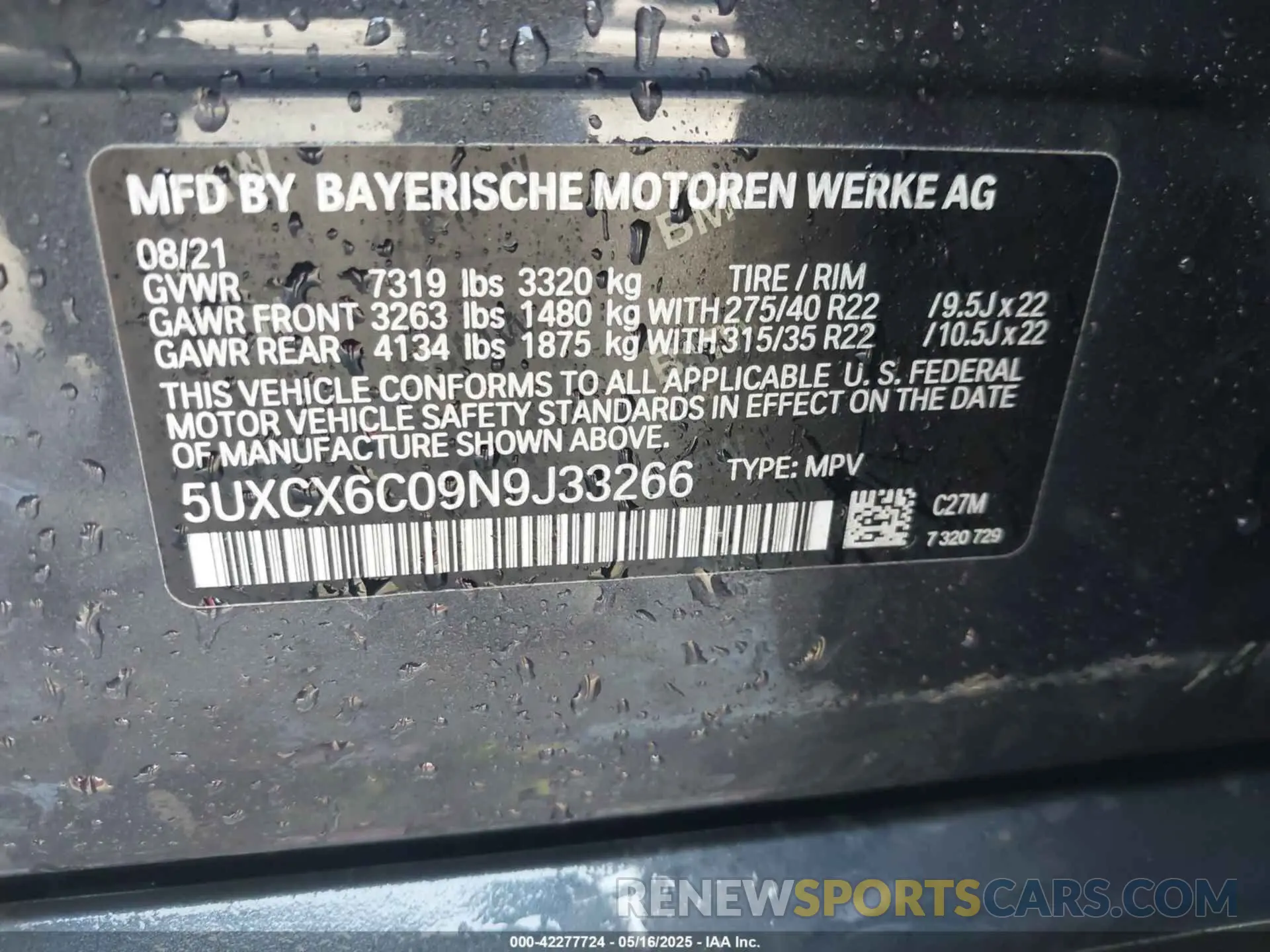 9 fotografías del automóvil dañado 5UXCX6C09N9J33266 BMW X7 2022