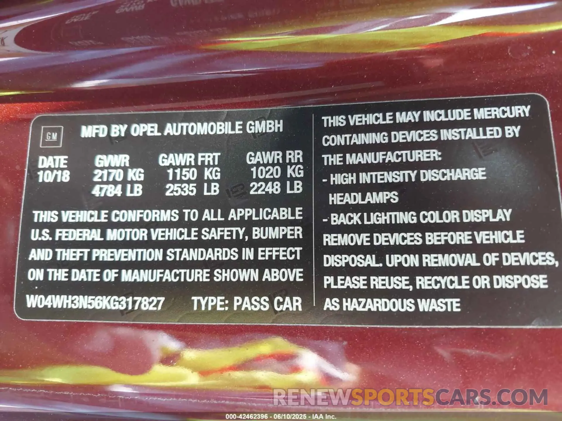 9 fotografías del automóvil dañado W04WH3N56KG317827 BUICK CASCADA 2019