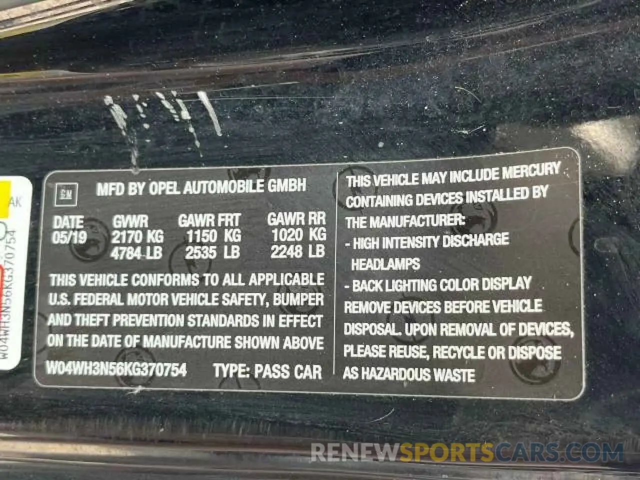 10 fotografías del automóvil dañado W04WH3N56KG370754 BUICK CASCADA 2019