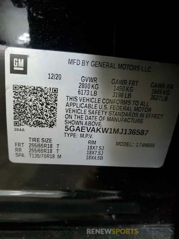 13 fotografías del automóvil dañado 5GAEVAKW1MJ136587 BUICK ENCLAVE 2021