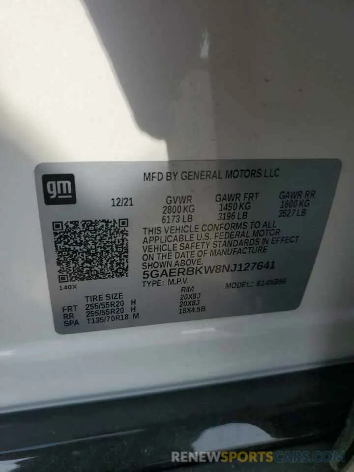 13 fotografías del automóvil dañado 5GAERBKW8NJ127641 BUICK ENCLAVE 2022