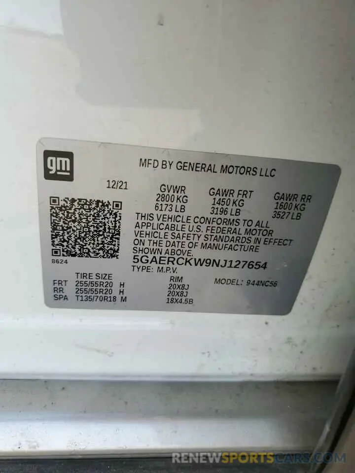 13 fotografías del automóvil dañado 5GAERCKW9NJ127654 BUICK ENCLAVE 2022