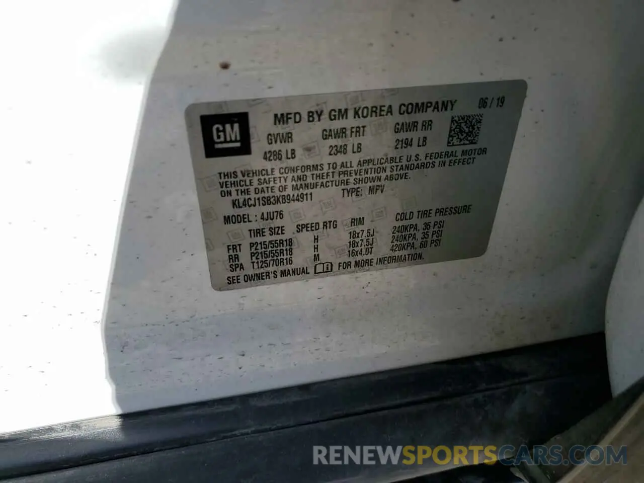 14 fotografías del automóvil dañado KL4CJ1SB3KB944911 BUICK ENCORE 2019
