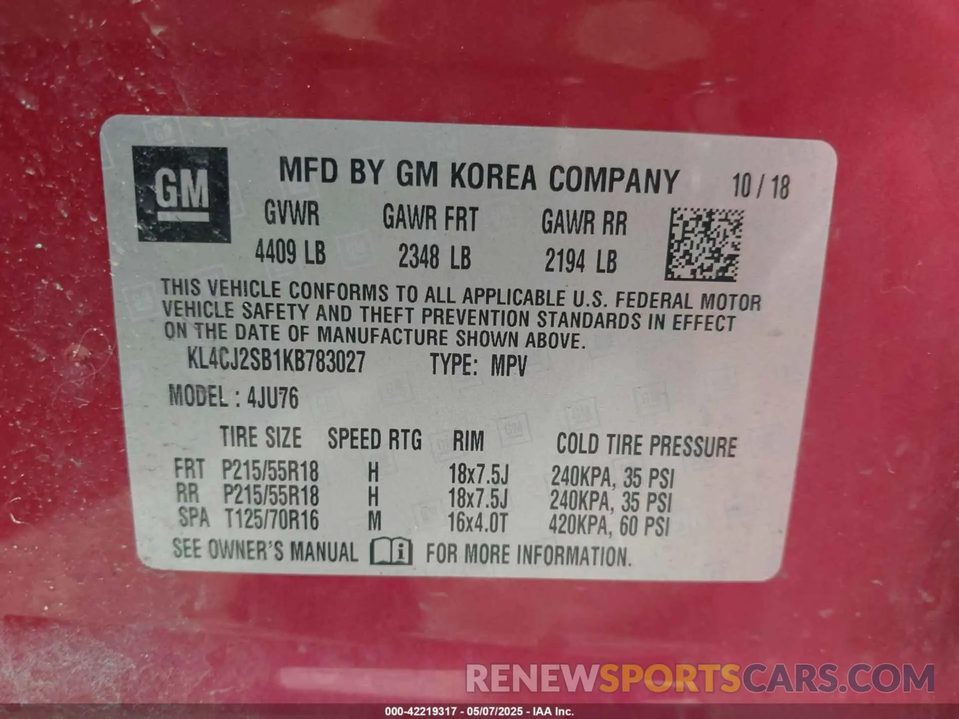 9 fotografías del automóvil dañado KL4CJ2SB1KB783027 BUICK ENCORE 2019