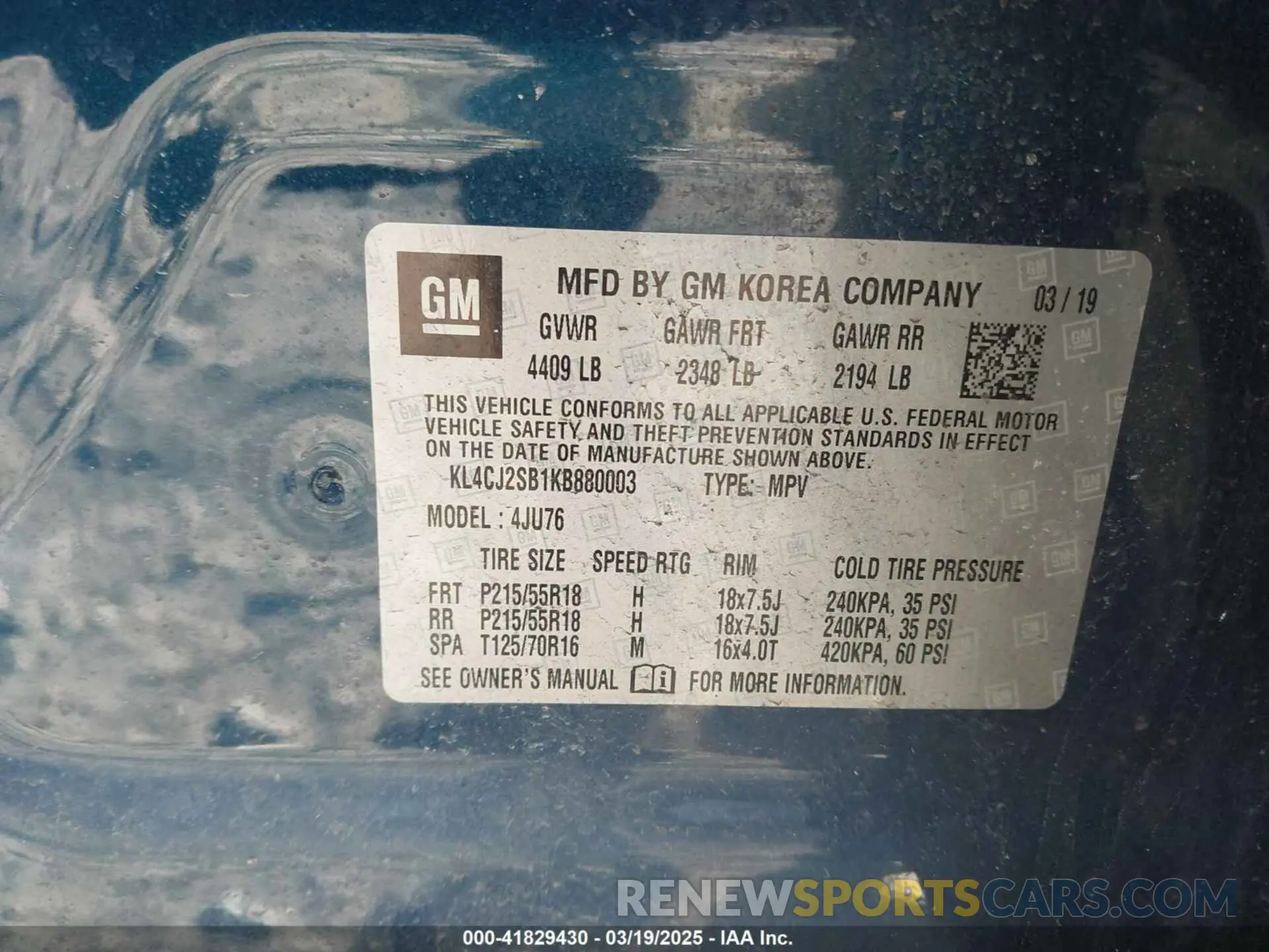 9 fotografías del automóvil dañado KL4CJ2SB1KB880003 BUICK ENCORE 2019