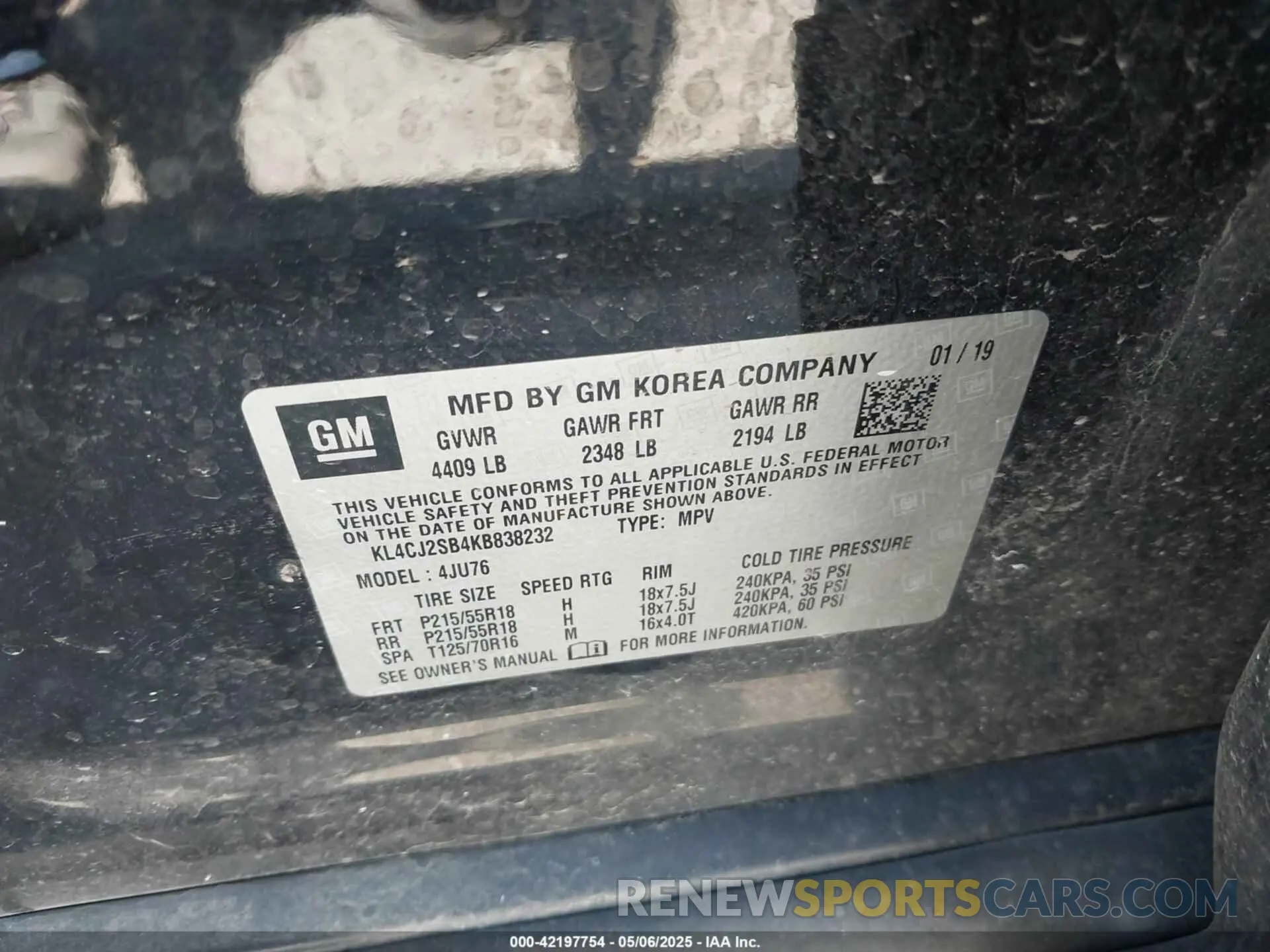 9 fotografías del automóvil dañado KL4CJ2SB4KB838232 BUICK ENCORE 2019