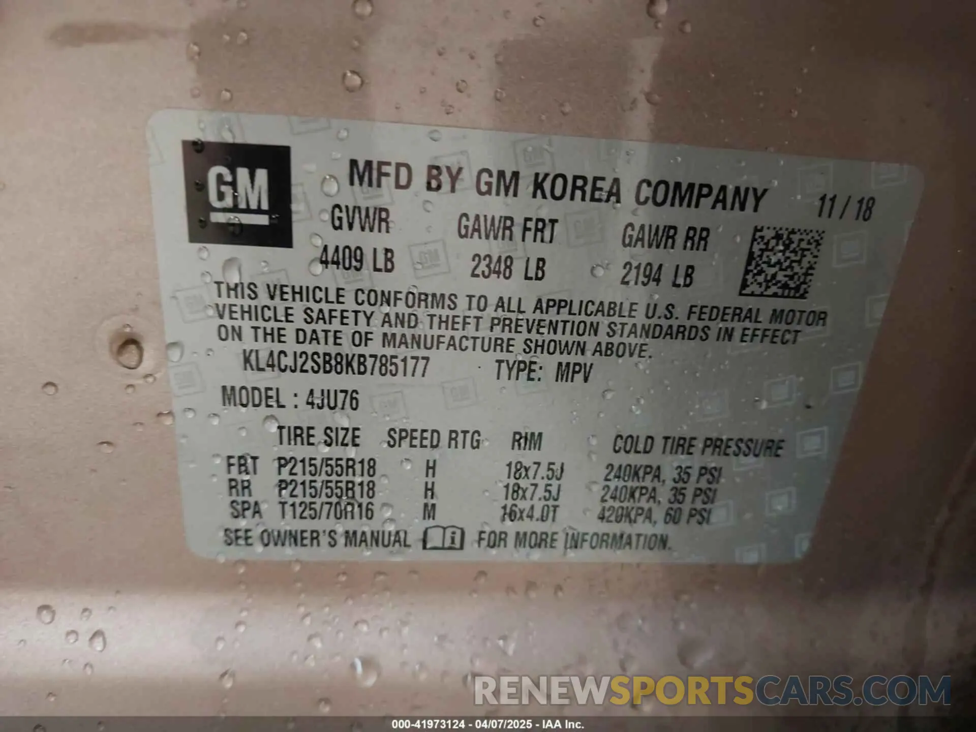 17 fotografías del automóvil dañado KL4CJ2SB8KB785177 BUICK ENCORE 2019