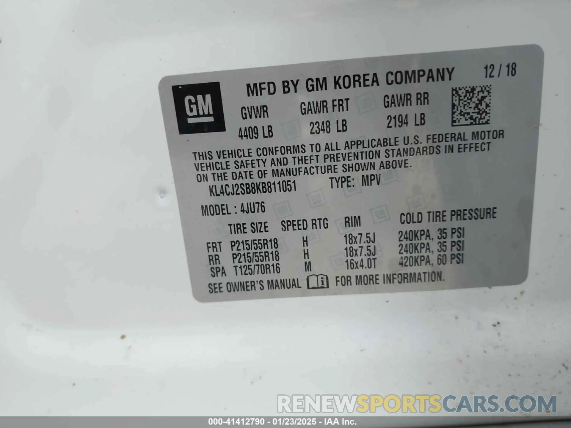 9 fotografías del automóvil dañado KL4CJ2SB8KB811051 BUICK ENCORE 2019
