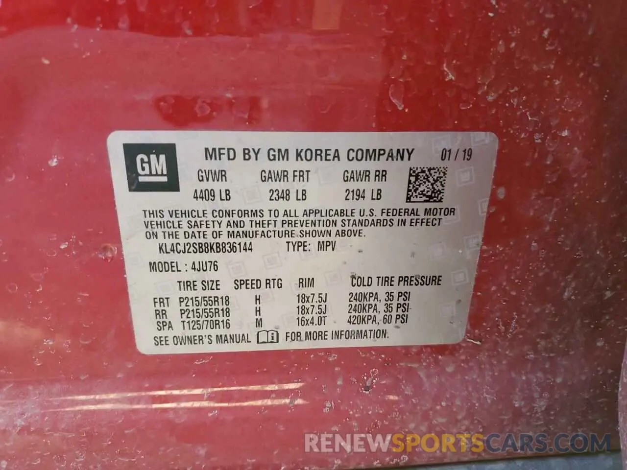 13 fotografías del automóvil dañado KL4CJ2SB8KB836144 BUICK ENCORE 2019