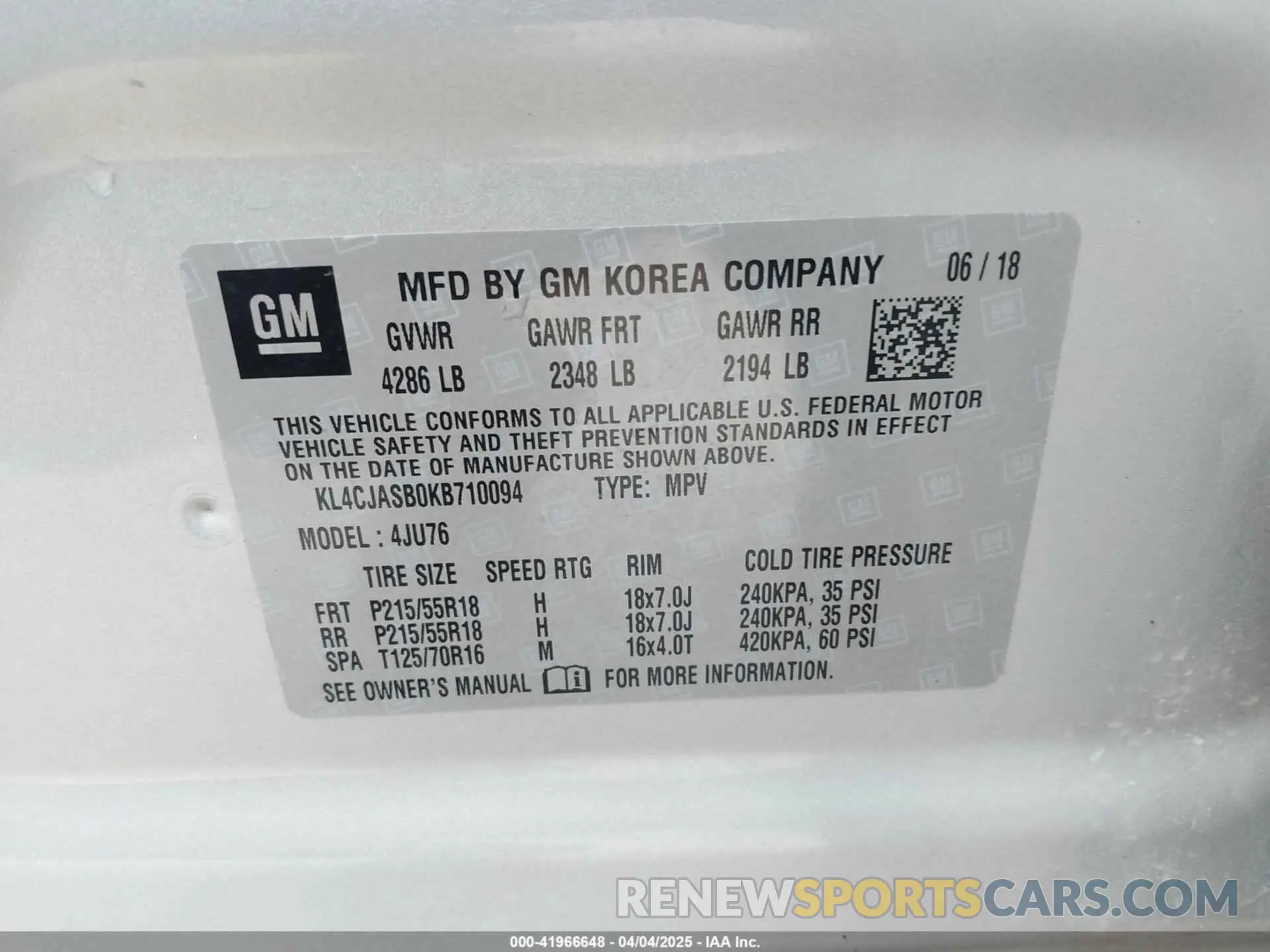 9 fotografías del automóvil dañado KL4CJASB0KB710094 BUICK ENCORE 2019