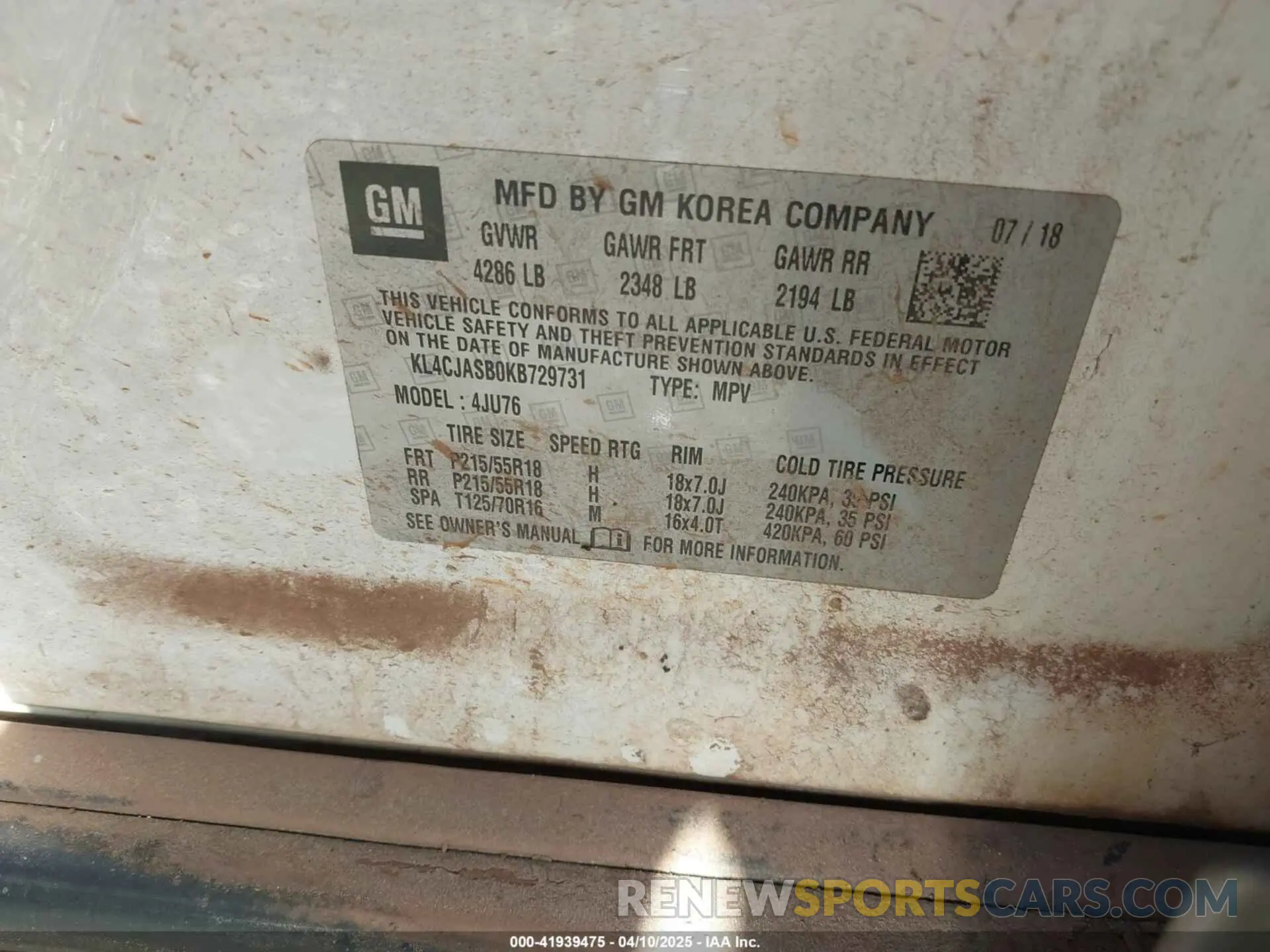9 fotografías del automóvil dañado KL4CJASB0KB729731 BUICK ENCORE 2019