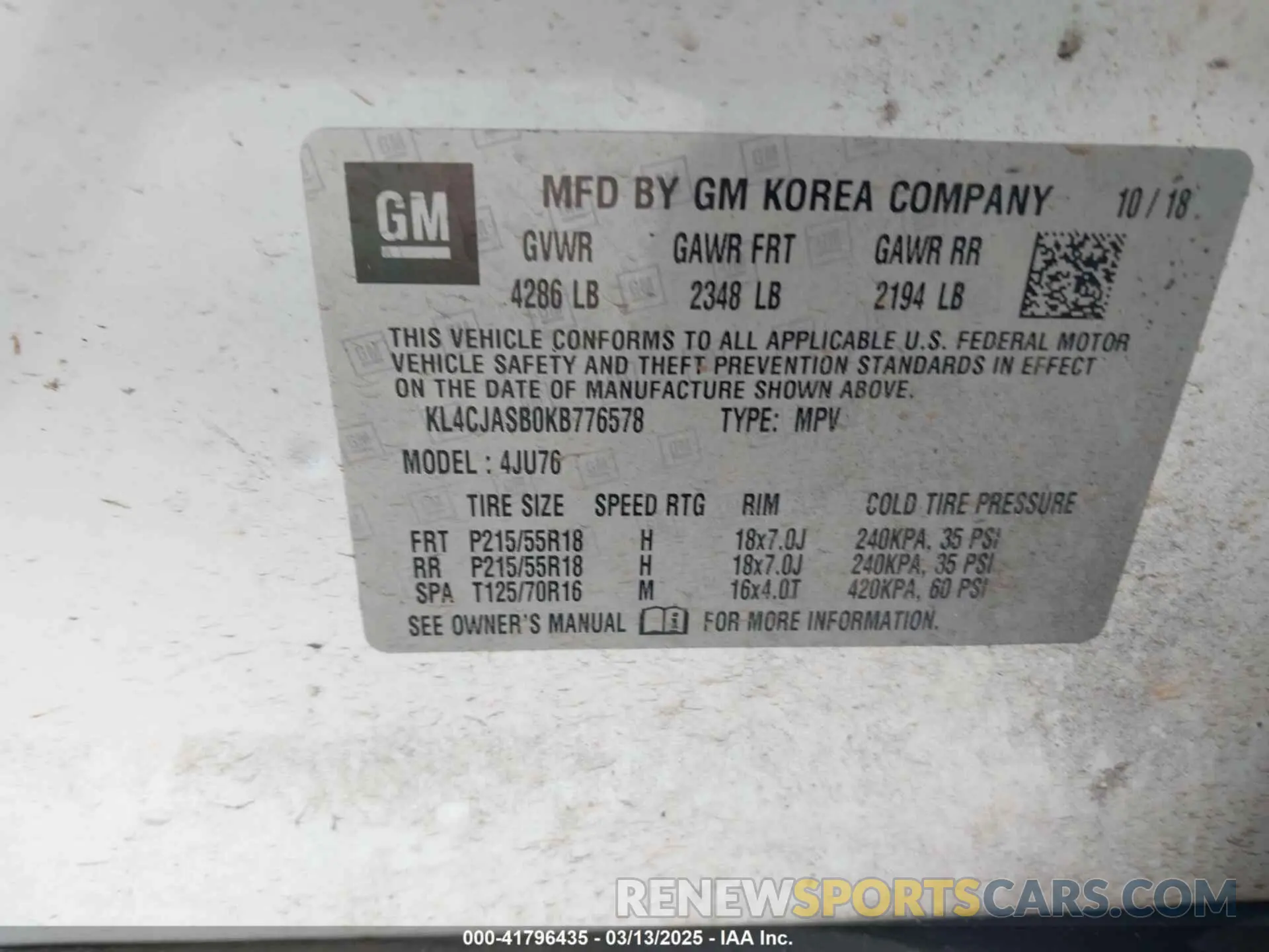 9 fotografías del automóvil dañado KL4CJASB0KB776578 BUICK ENCORE 2019