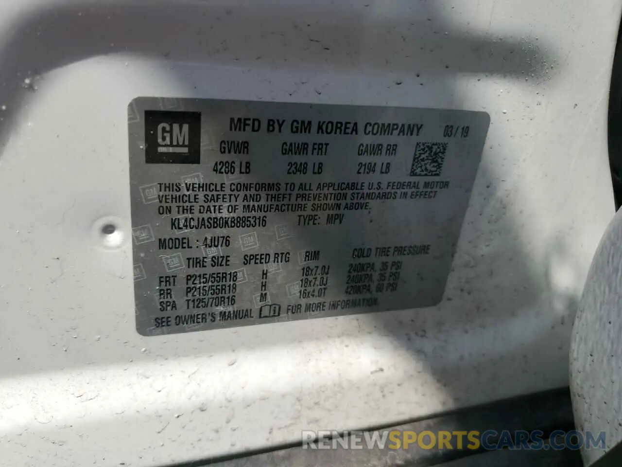 12 fotografías del automóvil dañado KL4CJASB0KB885316 BUICK ENCORE 2019