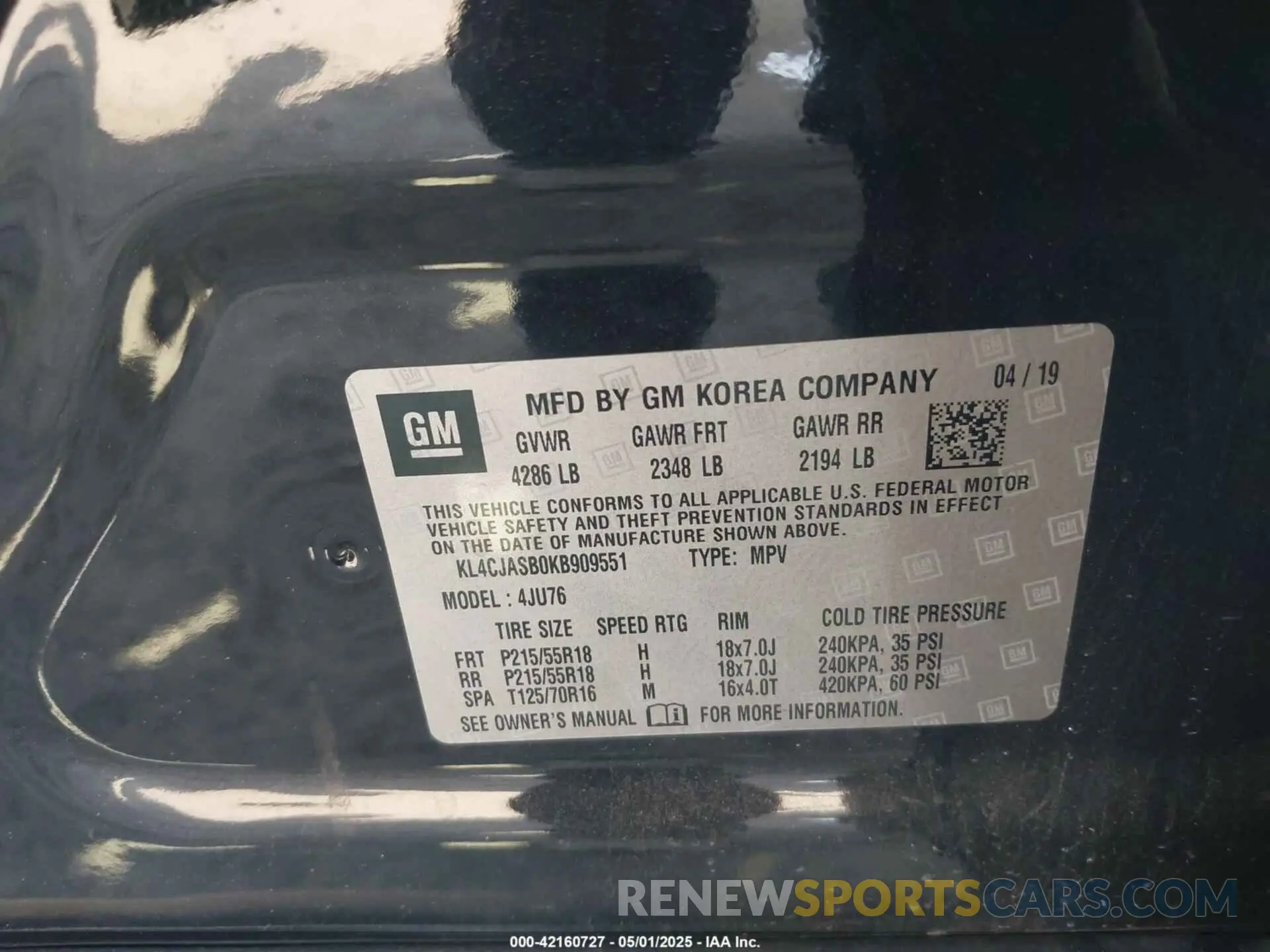 9 fotografías del automóvil dañado KL4CJASB0KB909551 BUICK ENCORE 2019