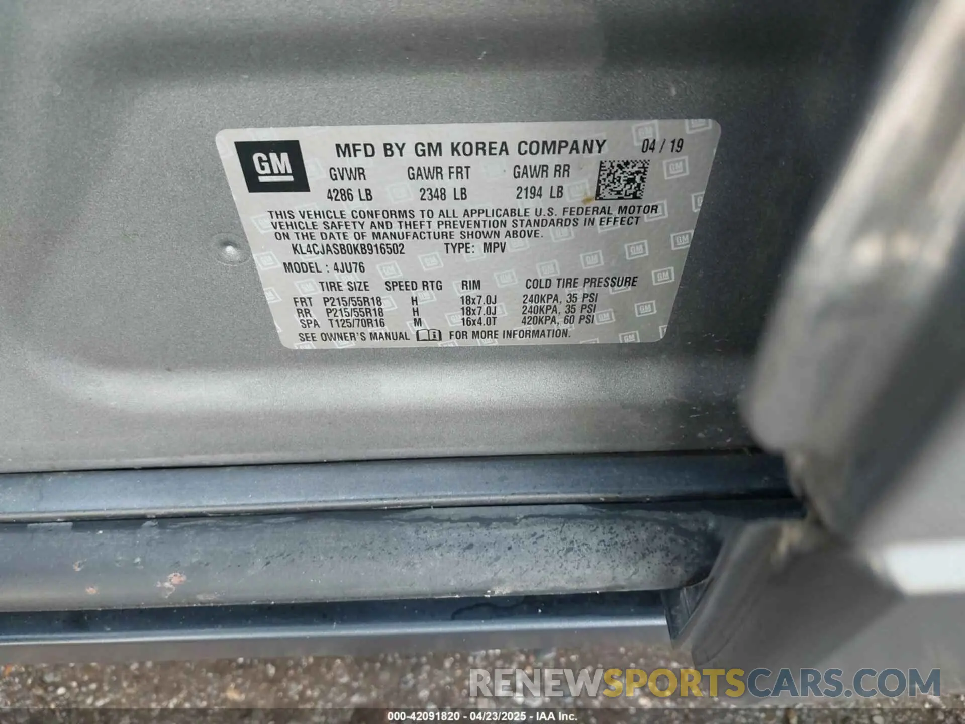 9 fotografías del automóvil dañado KL4CJASB0KB916502 BUICK ENCORE 2019
