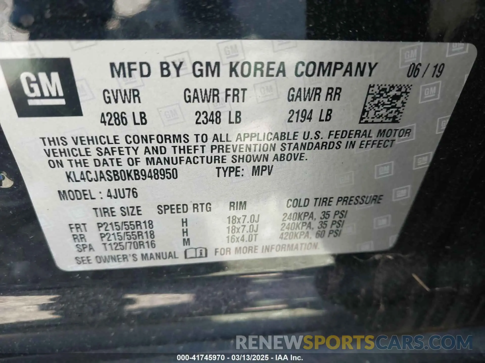 9 fotografías del automóvil dañado KL4CJASB0KB948950 BUICK ENCORE 2019