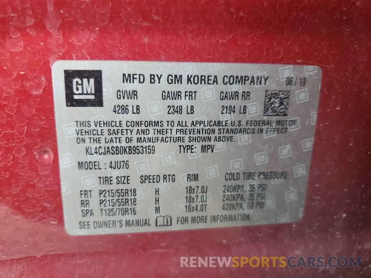 13 fotografías del automóvil dañado KL4CJASB0KB953159 BUICK ENCORE 2019