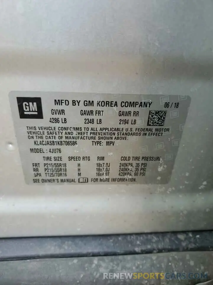 13 fotografías del automóvil dañado KL4CJASB1KB706586 BUICK ENCORE 2019
