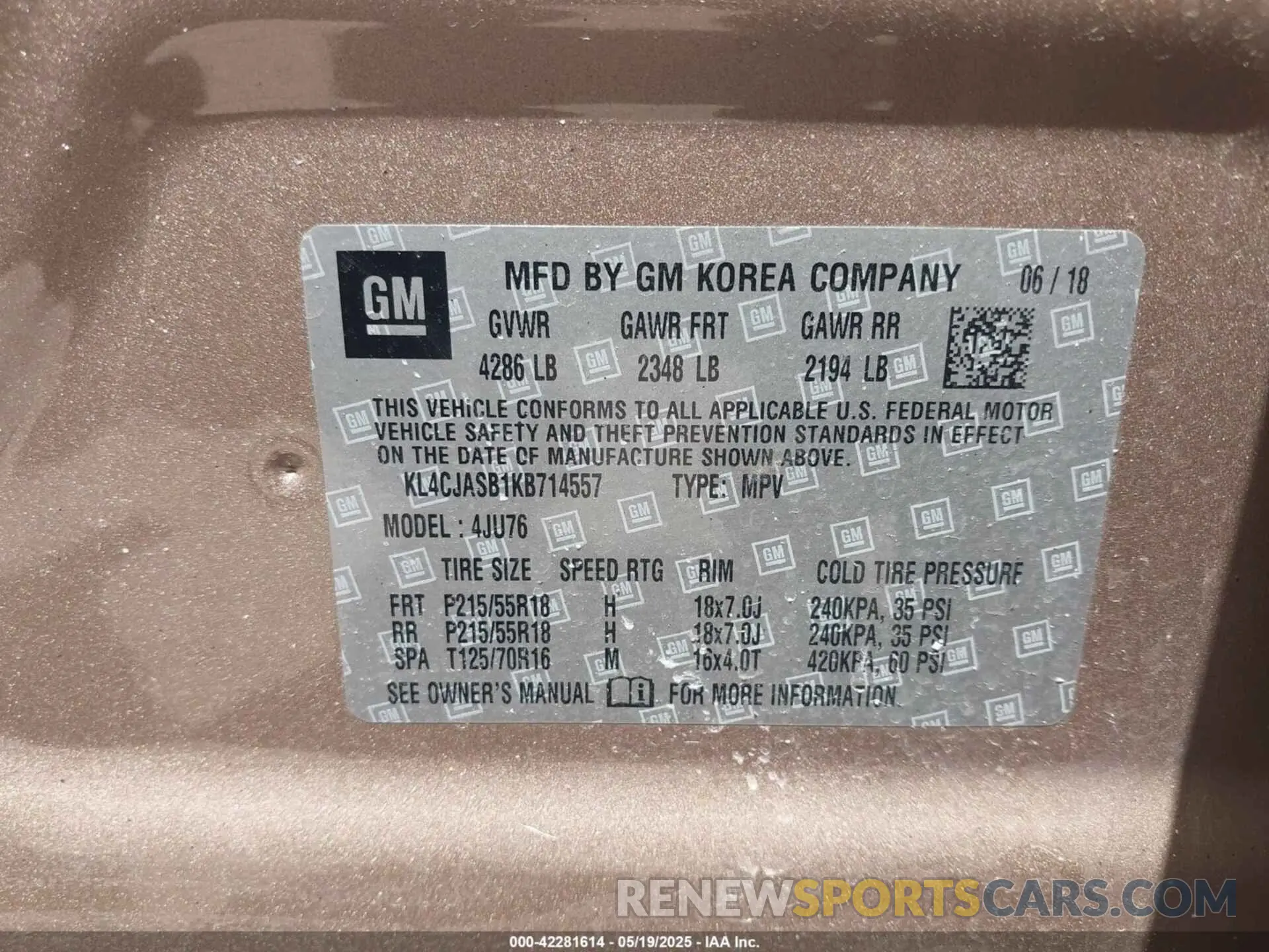 9 fotografías del automóvil dañado KL4CJASB1KB714557 BUICK ENCORE 2019