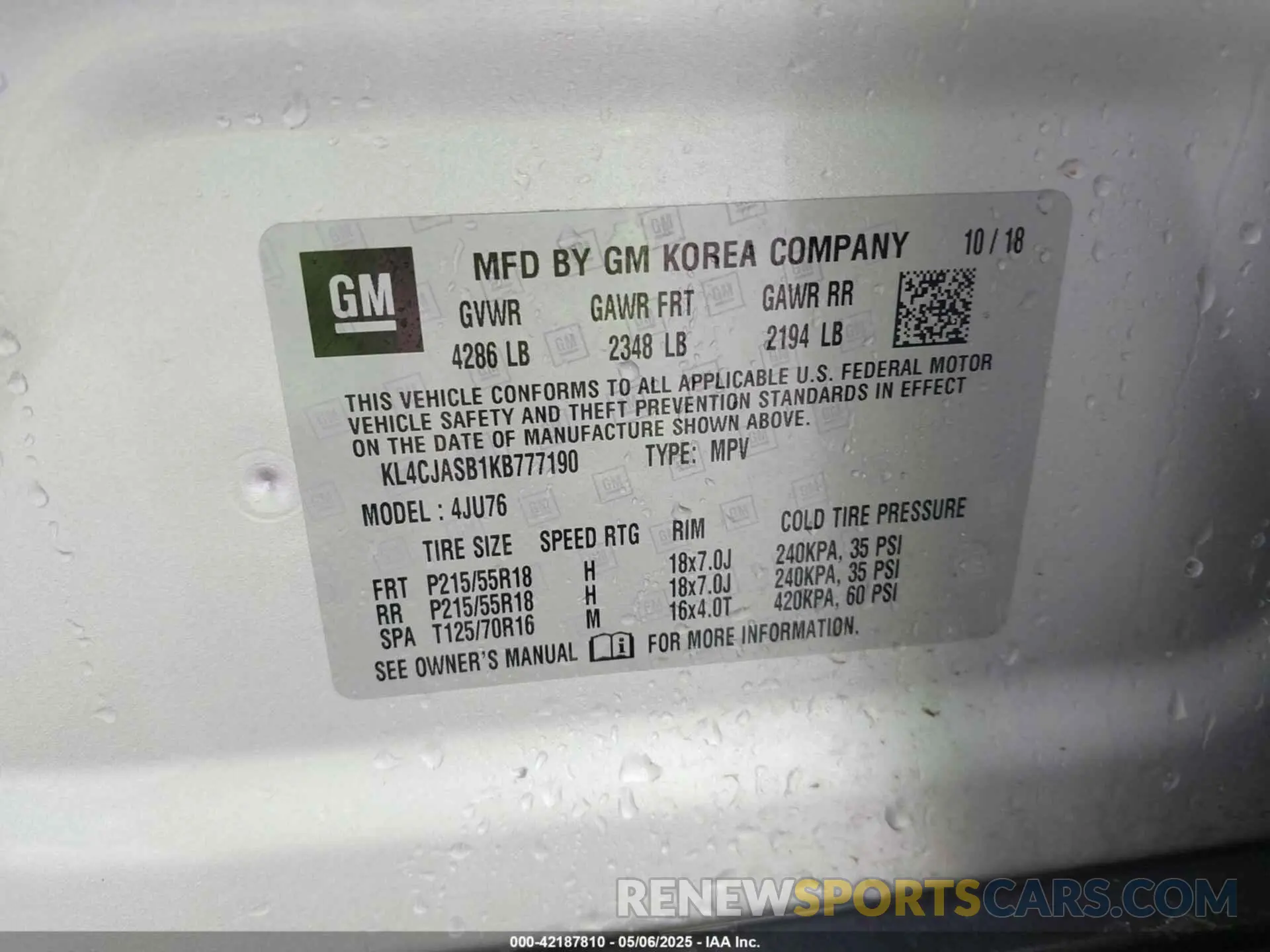 9 fotografías del automóvil dañado KL4CJASB1KB777190 BUICK ENCORE 2019