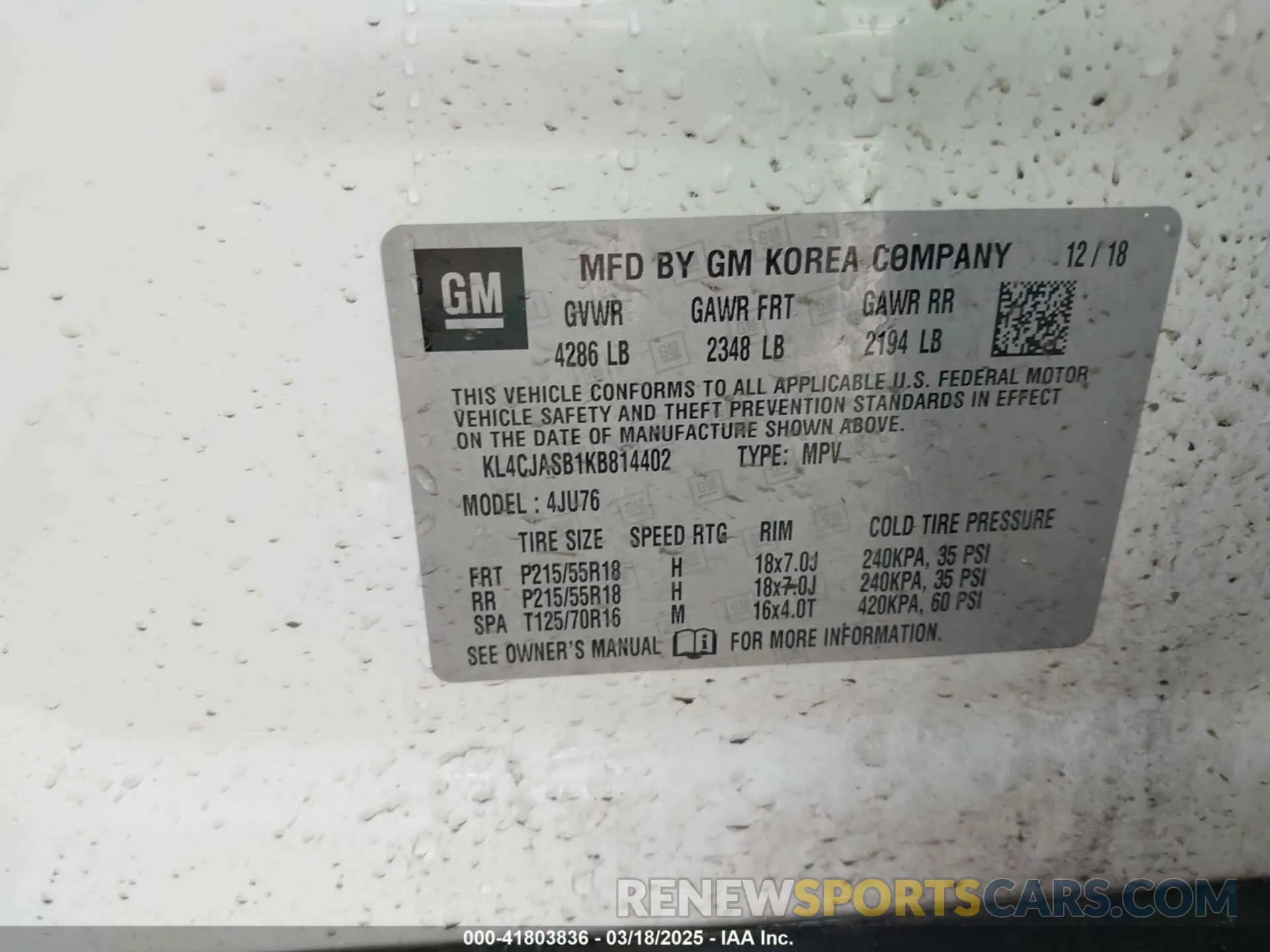 9 fotografías del automóvil dañado KL4CJASB1KB814402 BUICK ENCORE 2019