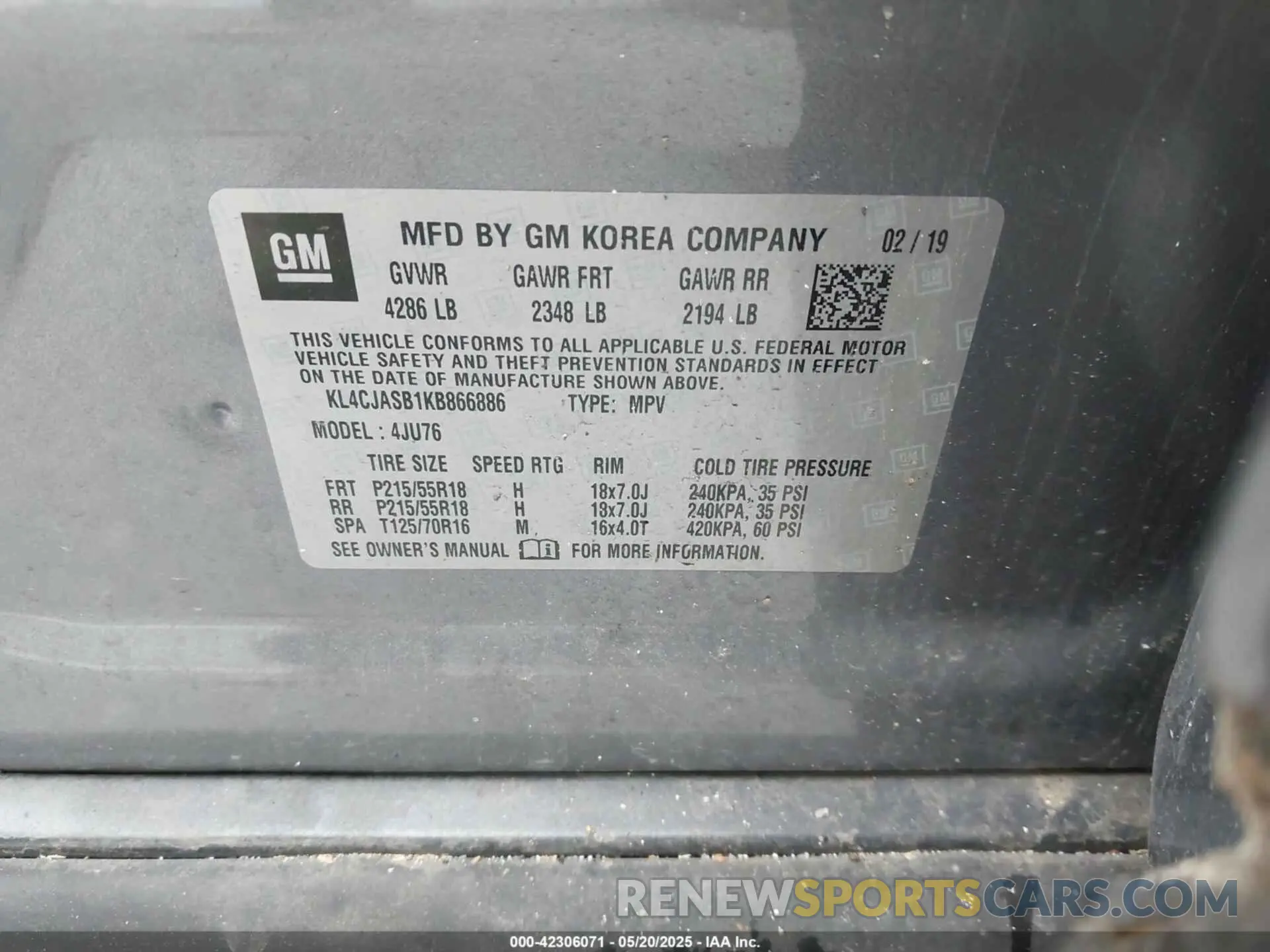 9 fotografías del automóvil dañado KL4CJASB1KB866886 BUICK ENCORE 2019