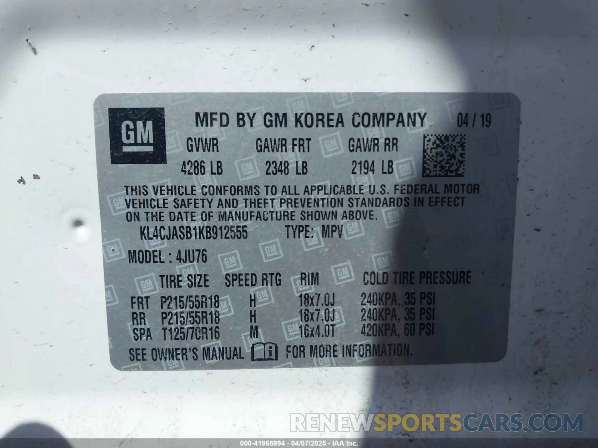 9 fotografías del automóvil dañado KL4CJASB1KB912555 BUICK ENCORE 2019