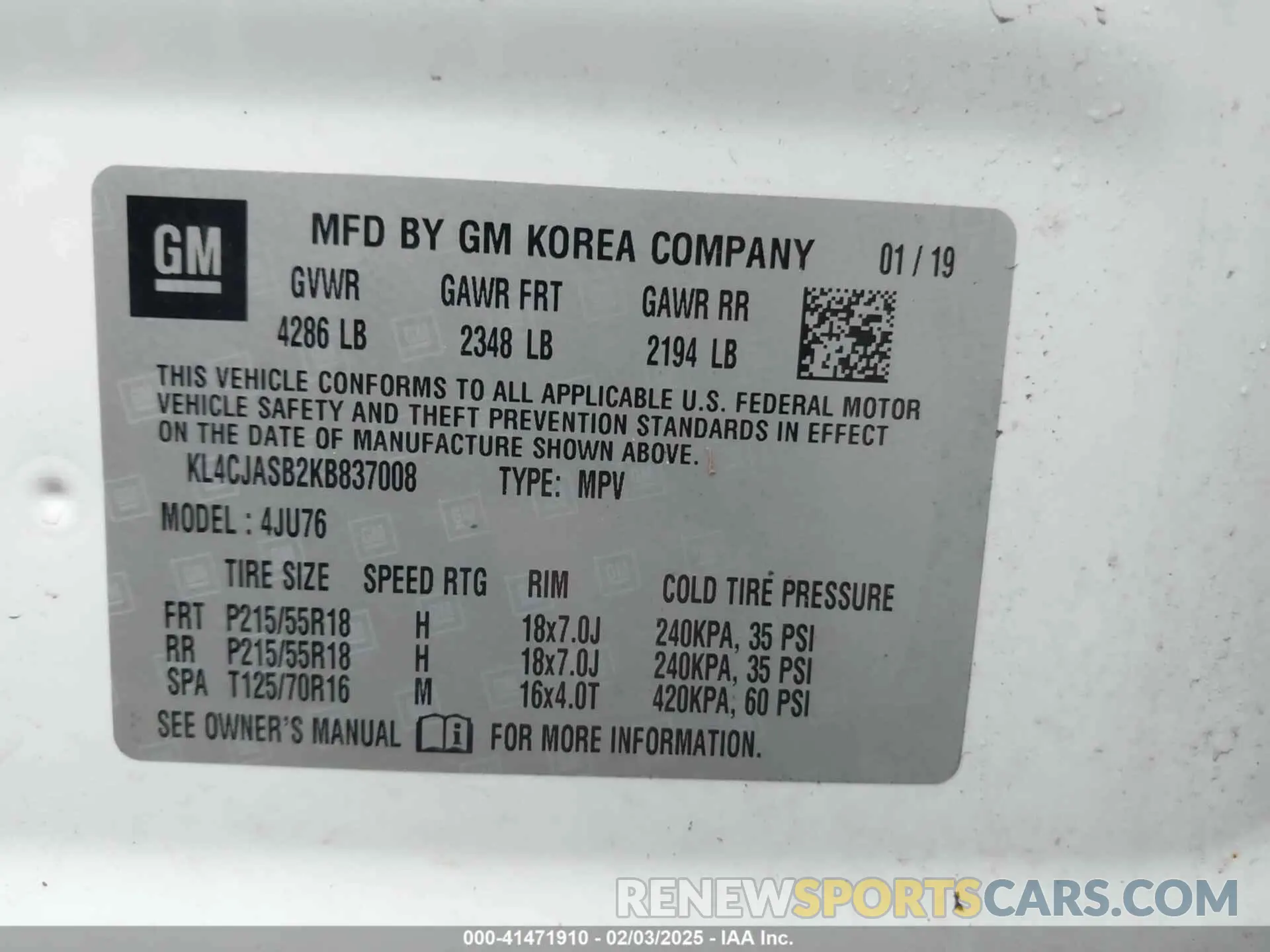 9 fotografías del automóvil dañado KL4CJASB2KB837008 BUICK ENCORE 2019