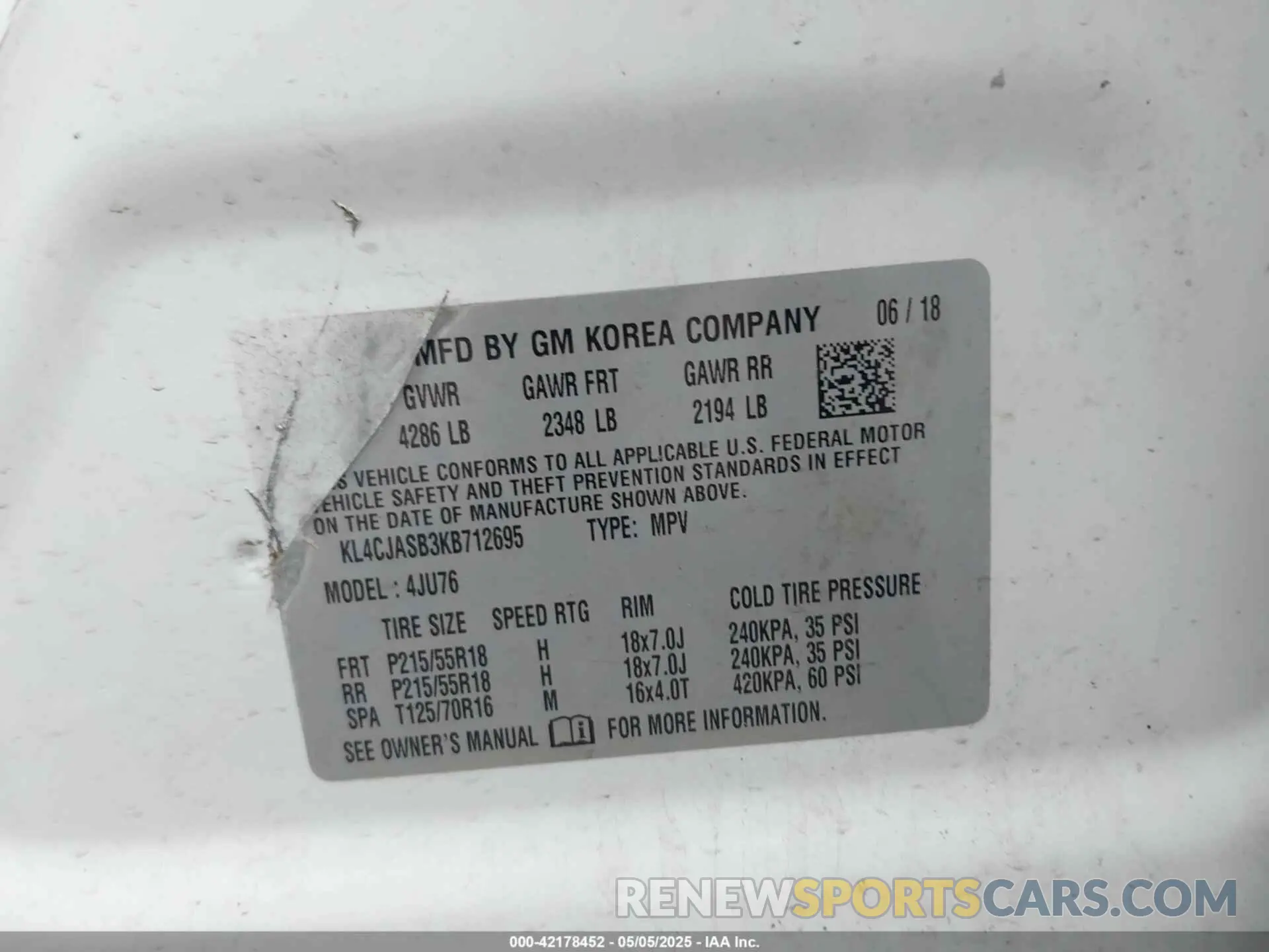 9 fotografías del automóvil dañado KL4CJASB3KB712695 BUICK ENCORE 2019