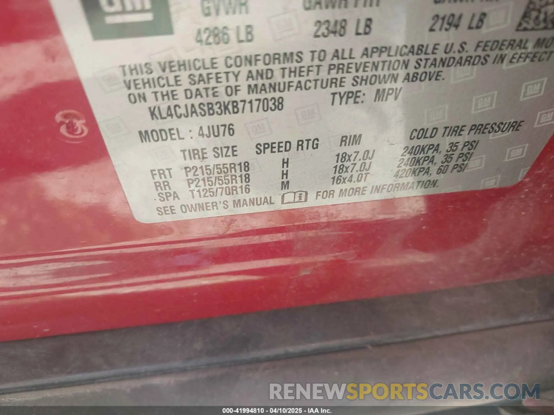 9 fotografías del automóvil dañado KL4CJASB3KB717038 BUICK ENCORE 2019