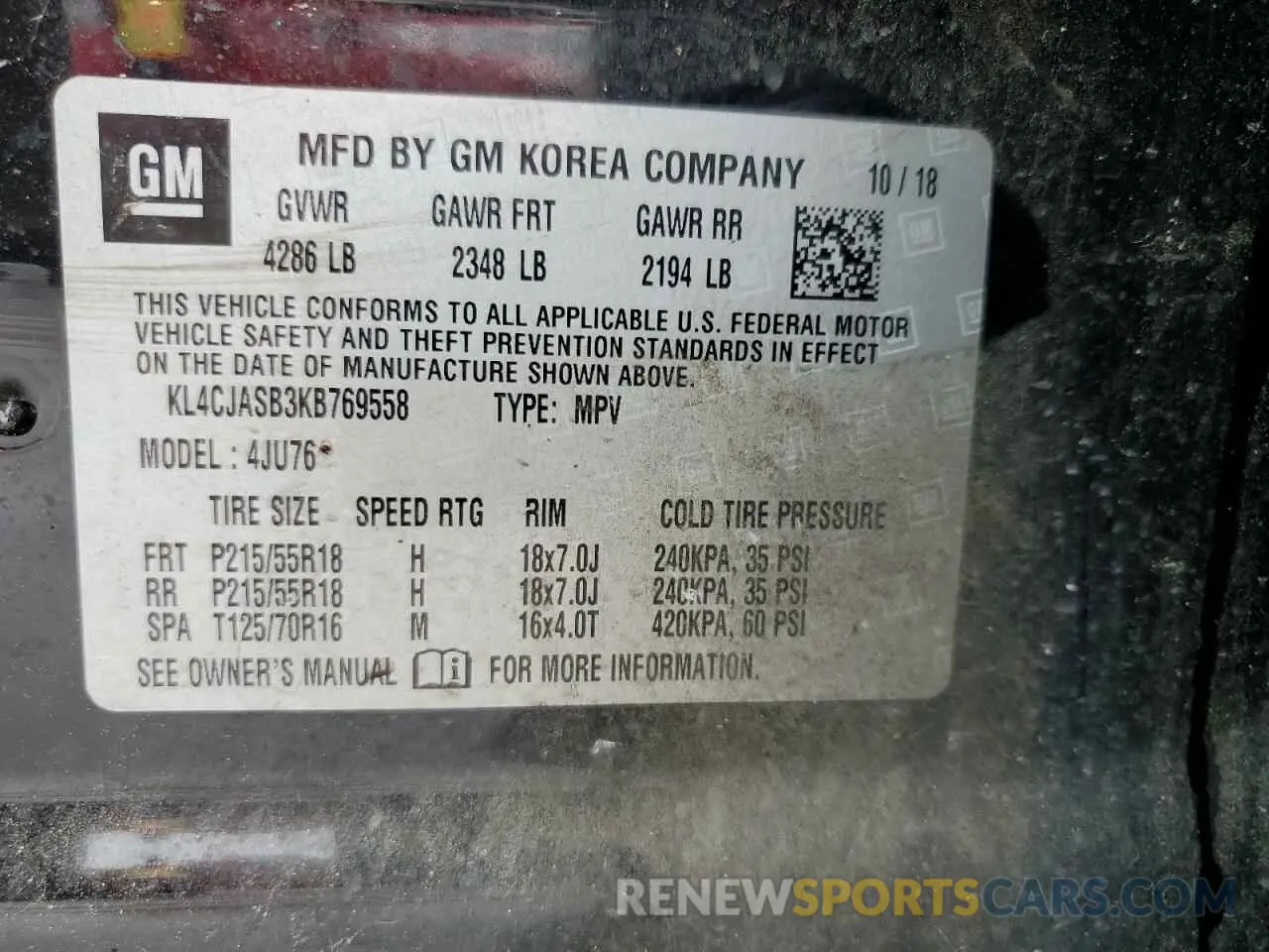 13 fotografías del automóvil dañado KL4CJASB3KB769558 BUICK ENCORE 2019