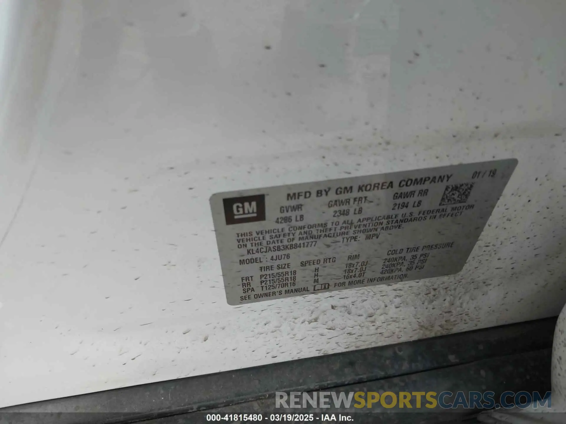 9 fotografías del automóvil dañado KL4CJASB3KB841777 BUICK ENCORE 2019