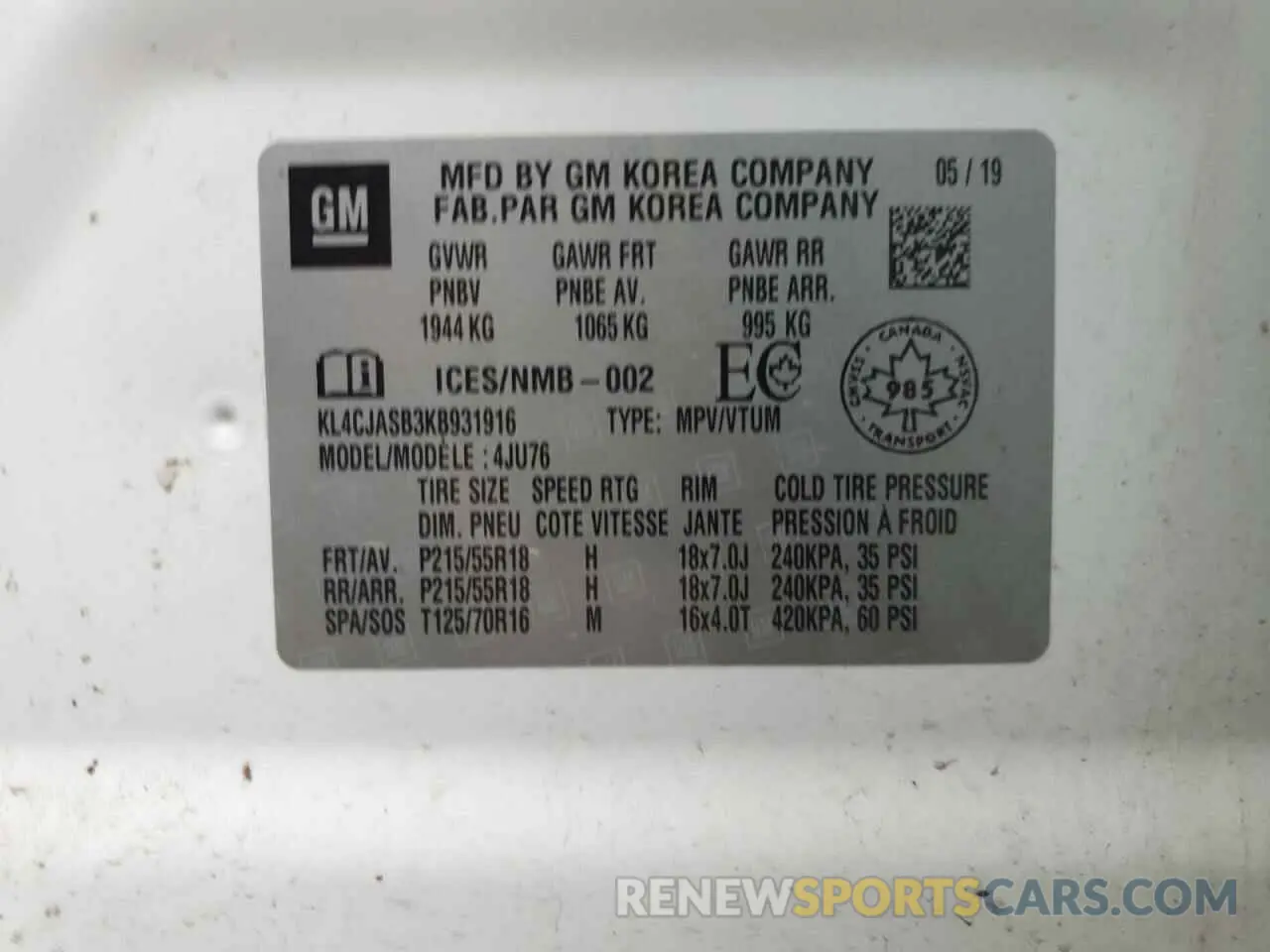 12 fotografías del automóvil dañado KL4CJASB3KB931916 BUICK ENCORE 2019