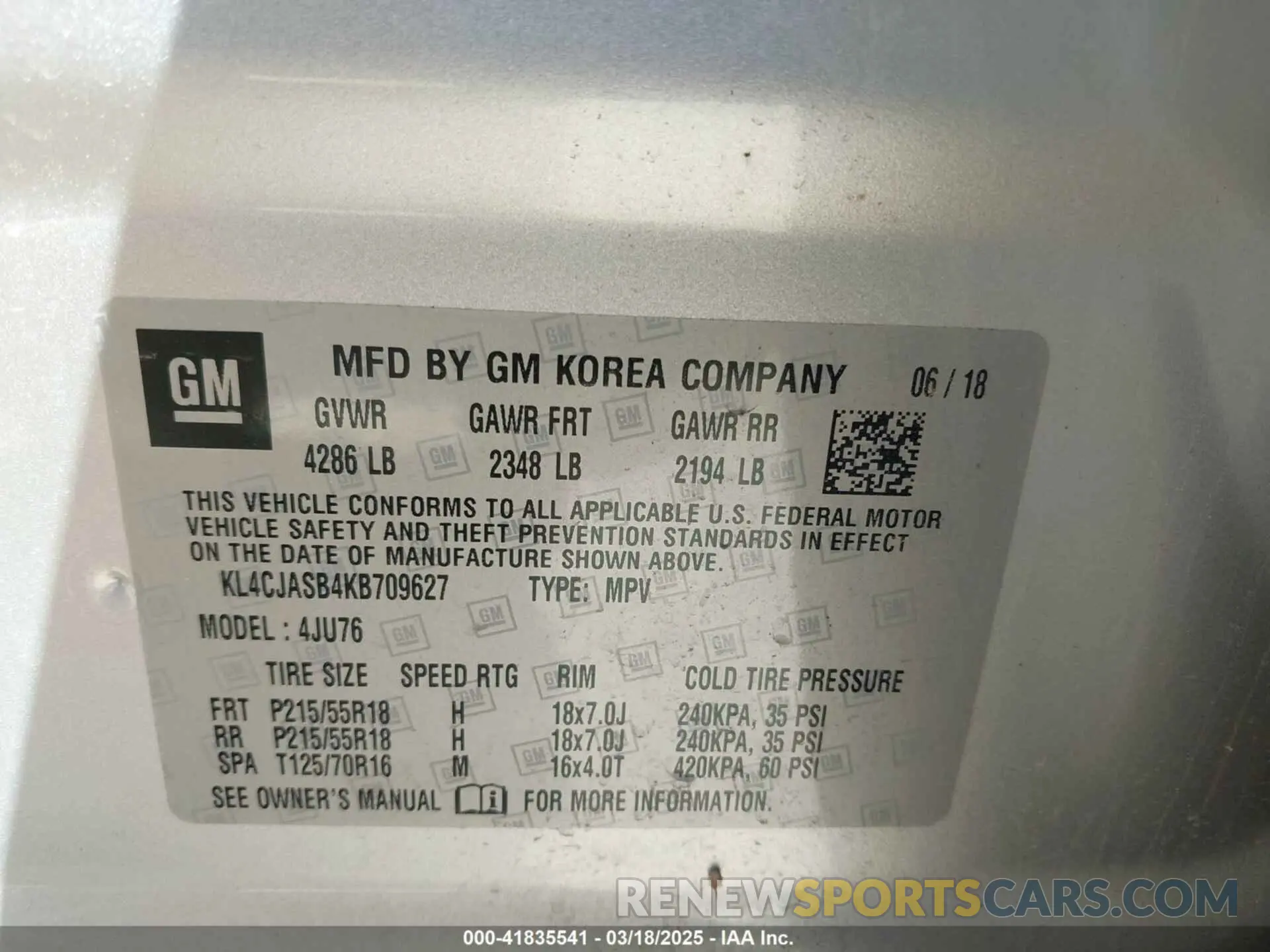 9 fotografías del automóvil dañado KL4CJASB4KB709627 BUICK ENCORE 2019