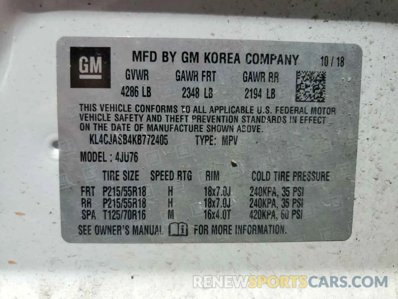12 fotografías del automóvil dañado KL4CJASB4KB772405 BUICK ENCORE 2019