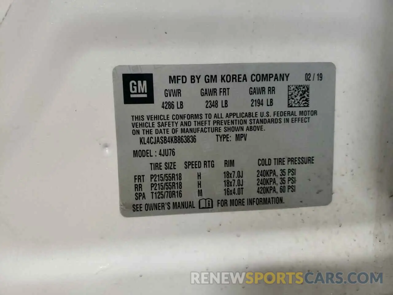 12 fotografías del automóvil dañado KL4CJASB4KB863836 BUICK ENCORE 2019