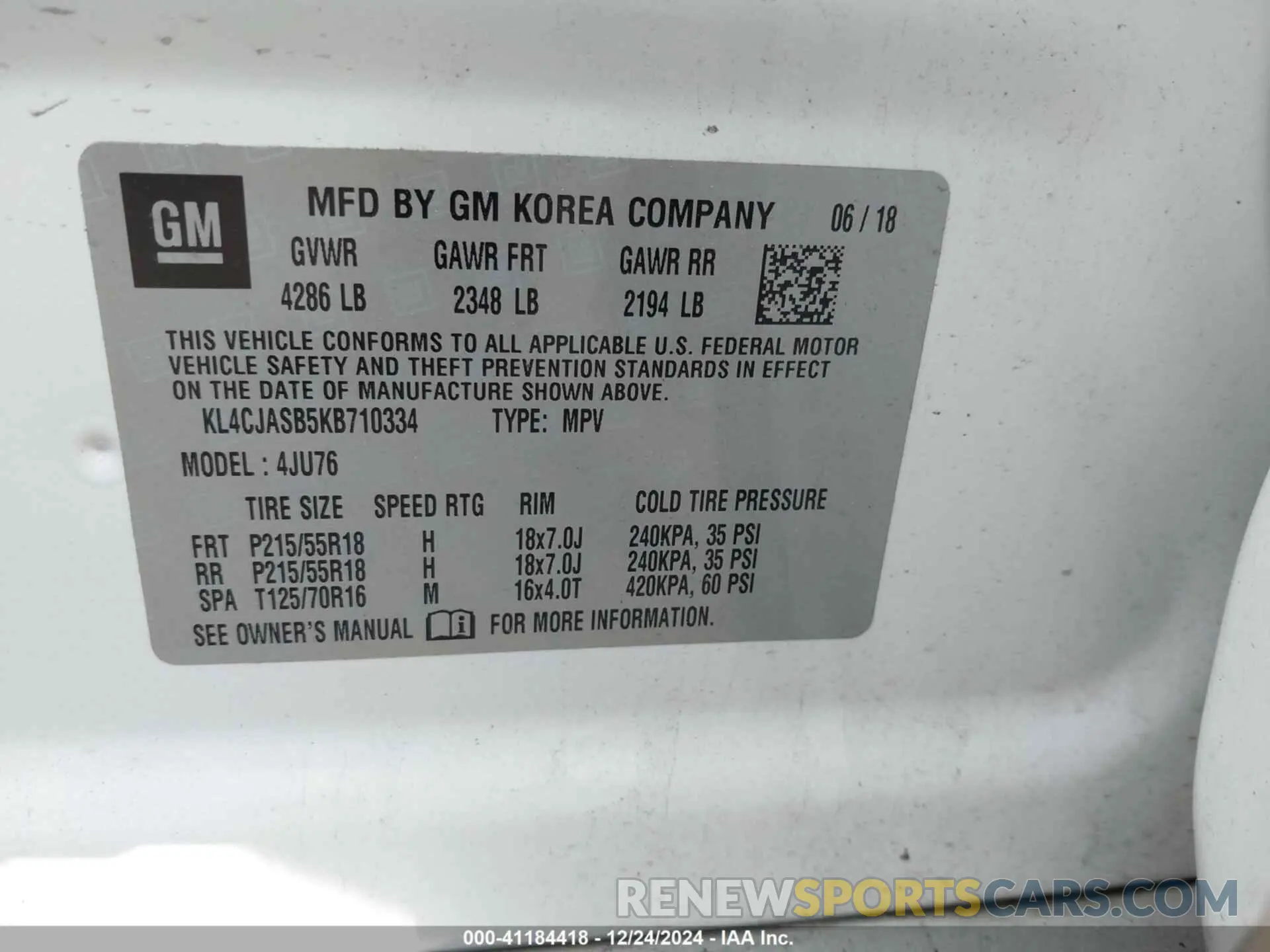 9 fotografías del automóvil dañado KL4CJASB5KB710334 BUICK ENCORE 2019