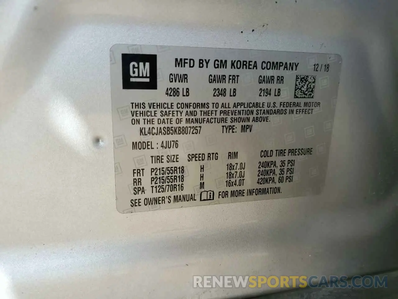 14 fotografías del automóvil dañado KL4CJASB5KB807257 BUICK ENCORE 2019
