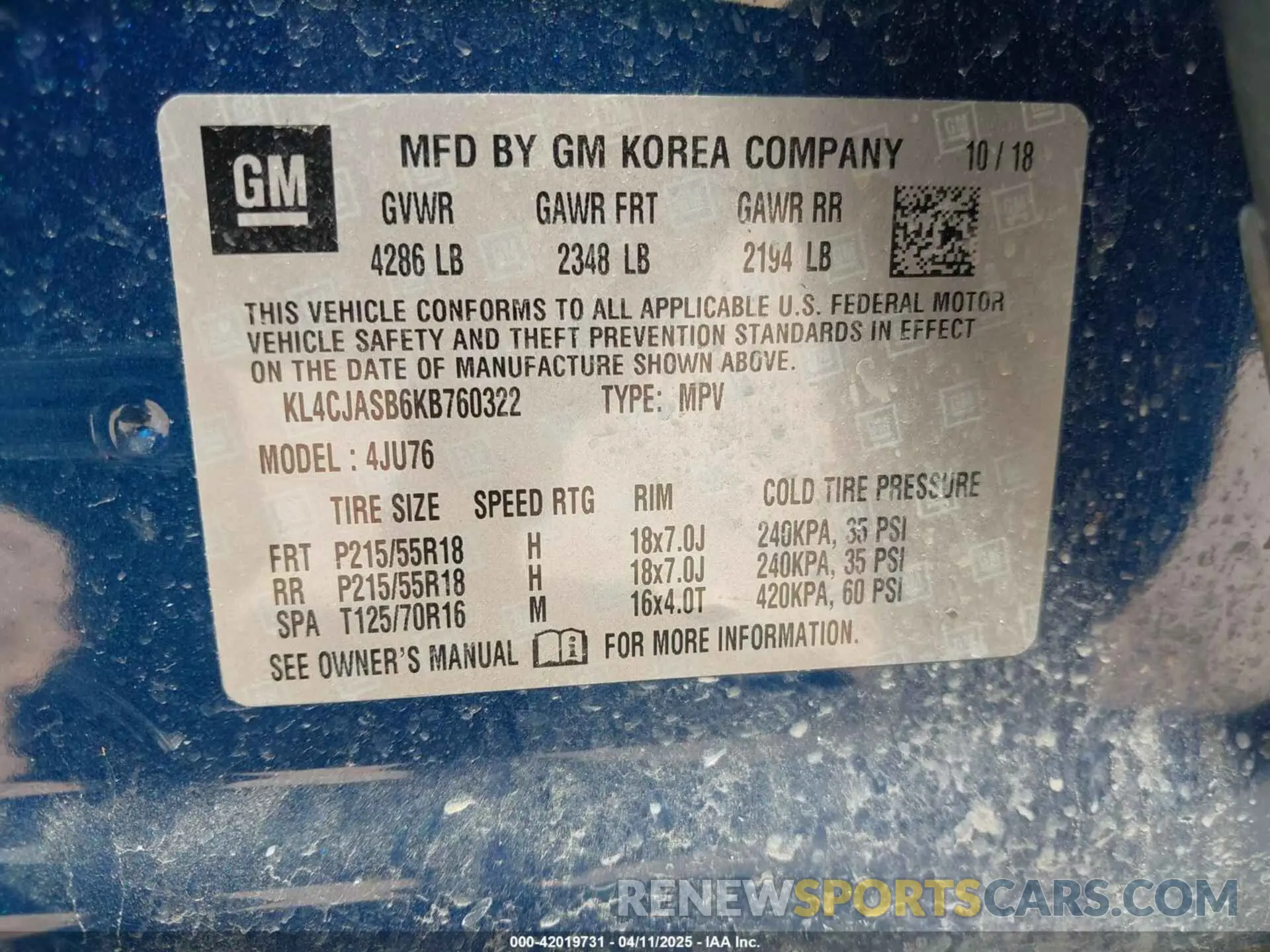 9 fotografías del automóvil dañado KL4CJASB6KB760322 BUICK ENCORE 2019