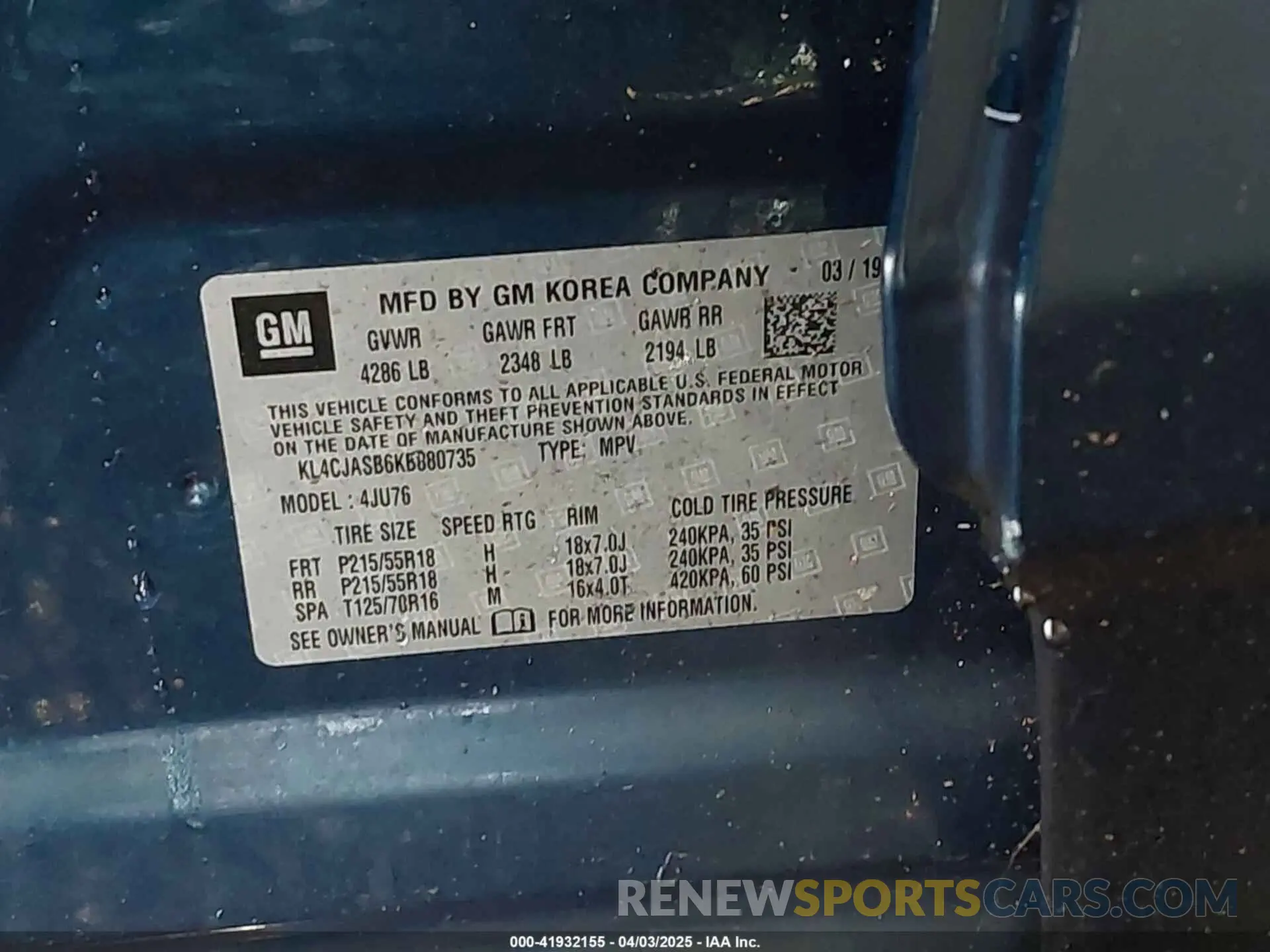 9 fotografías del automóvil dañado KL4CJASB6KB880735 BUICK ENCORE 2019