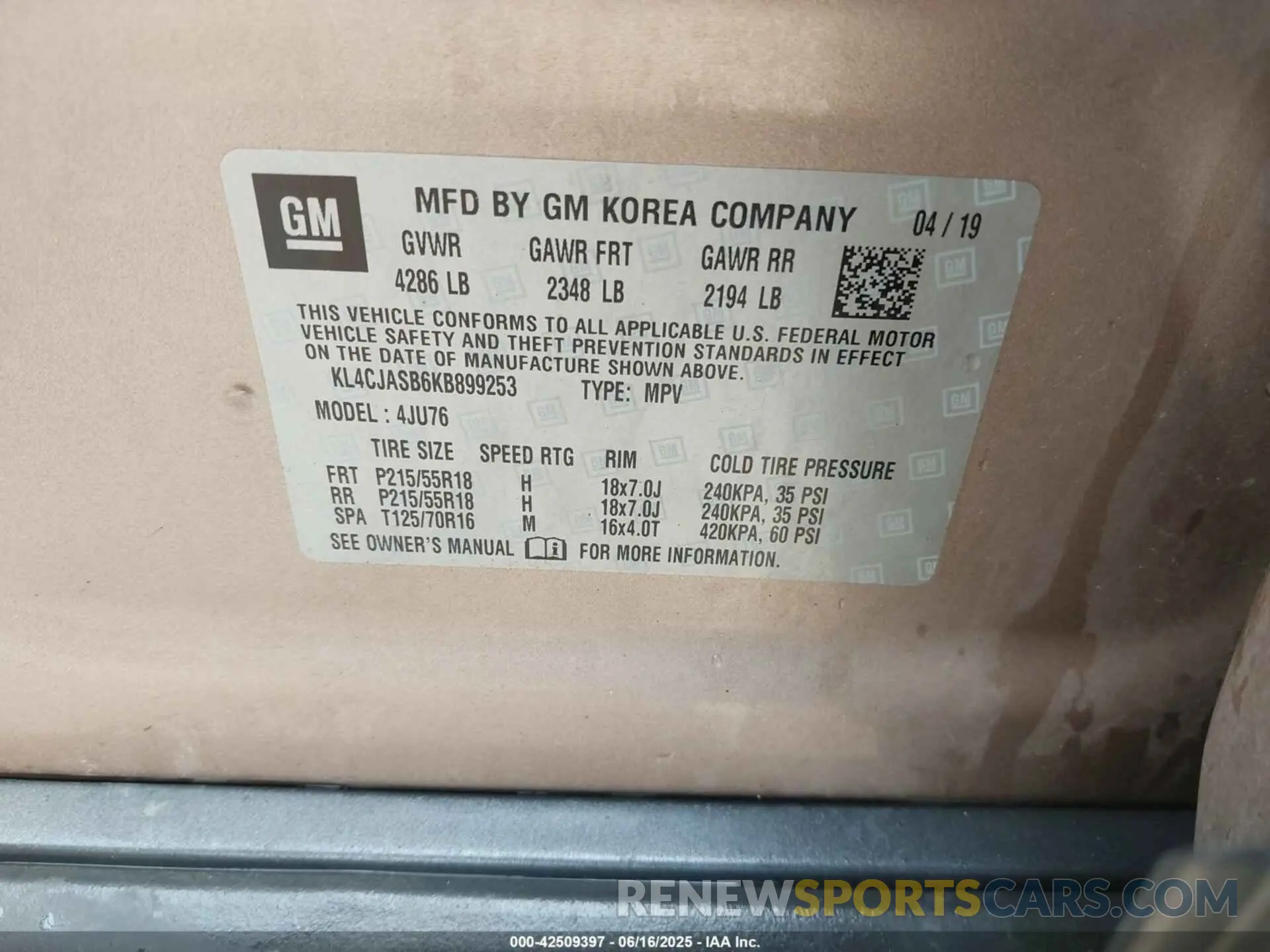 9 fotografías del automóvil dañado KL4CJASB6KB899253 BUICK ENCORE 2019
