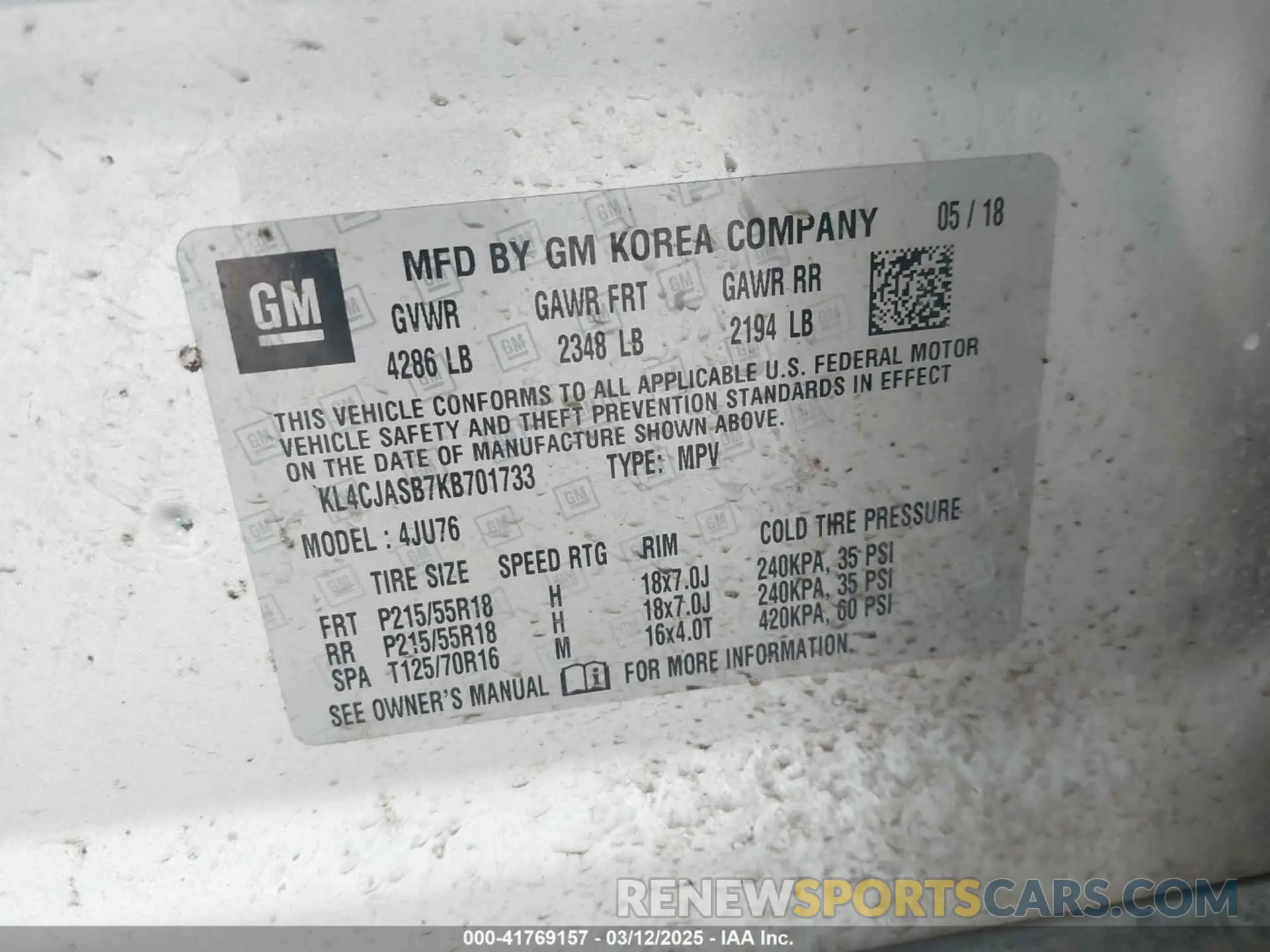 9 fotografías del automóvil dañado KL4CJASB7KB701733 BUICK ENCORE 2019