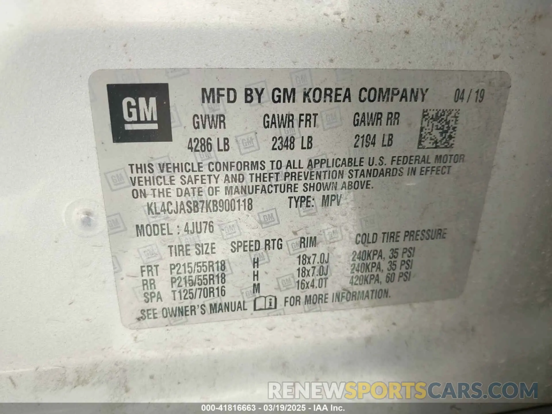 9 fotografías del automóvil dañado KL4CJASB7KB900118 BUICK ENCORE 2019