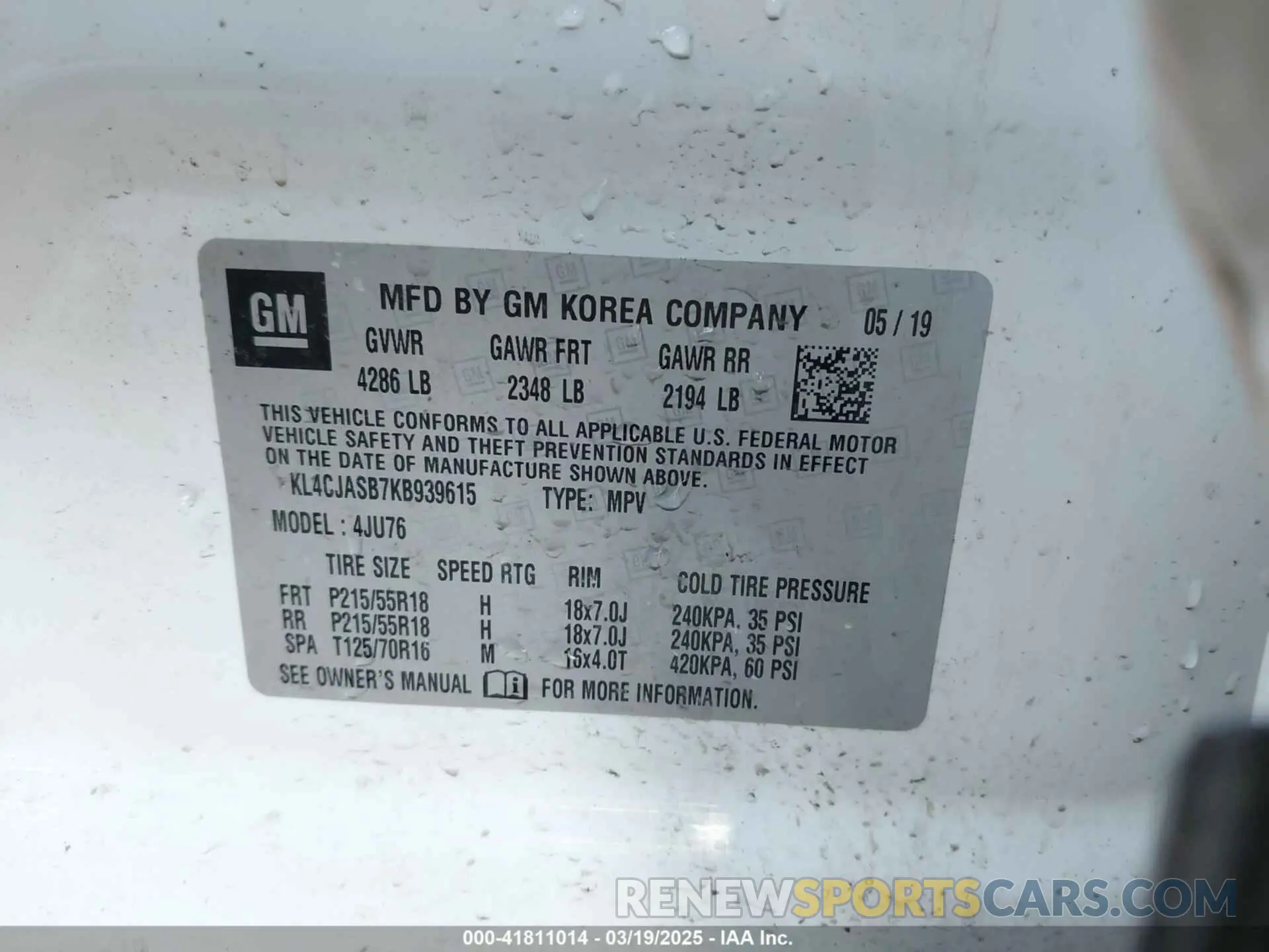 9 fotografías del automóvil dañado KL4CJASB7KB939615 BUICK ENCORE 2019