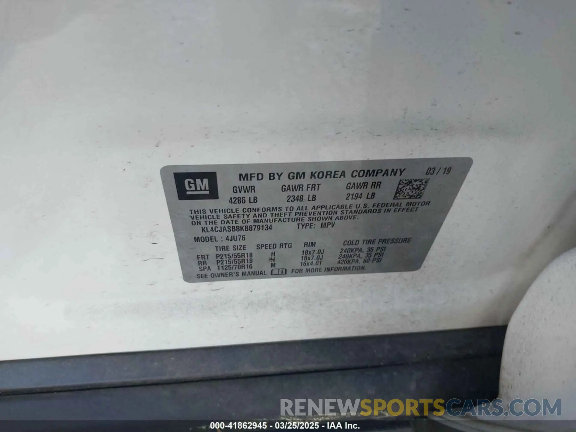 9 fotografías del automóvil dañado KL4CJASB8KB879134 BUICK ENCORE 2019