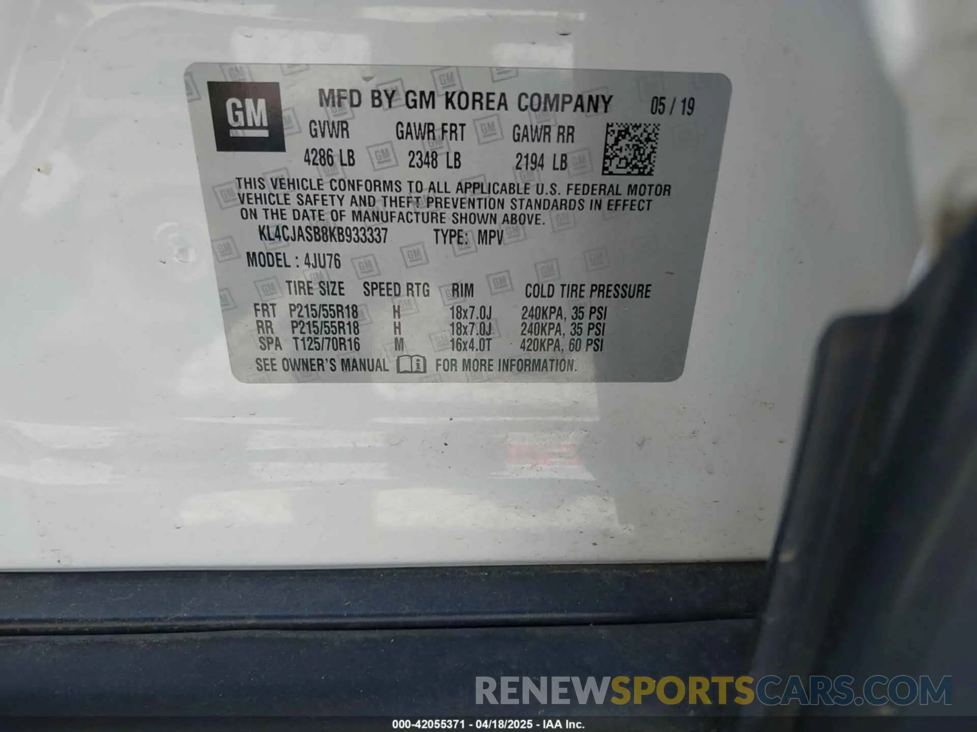 9 fotografías del automóvil dañado KL4CJASB8KB933337 BUICK ENCORE 2019